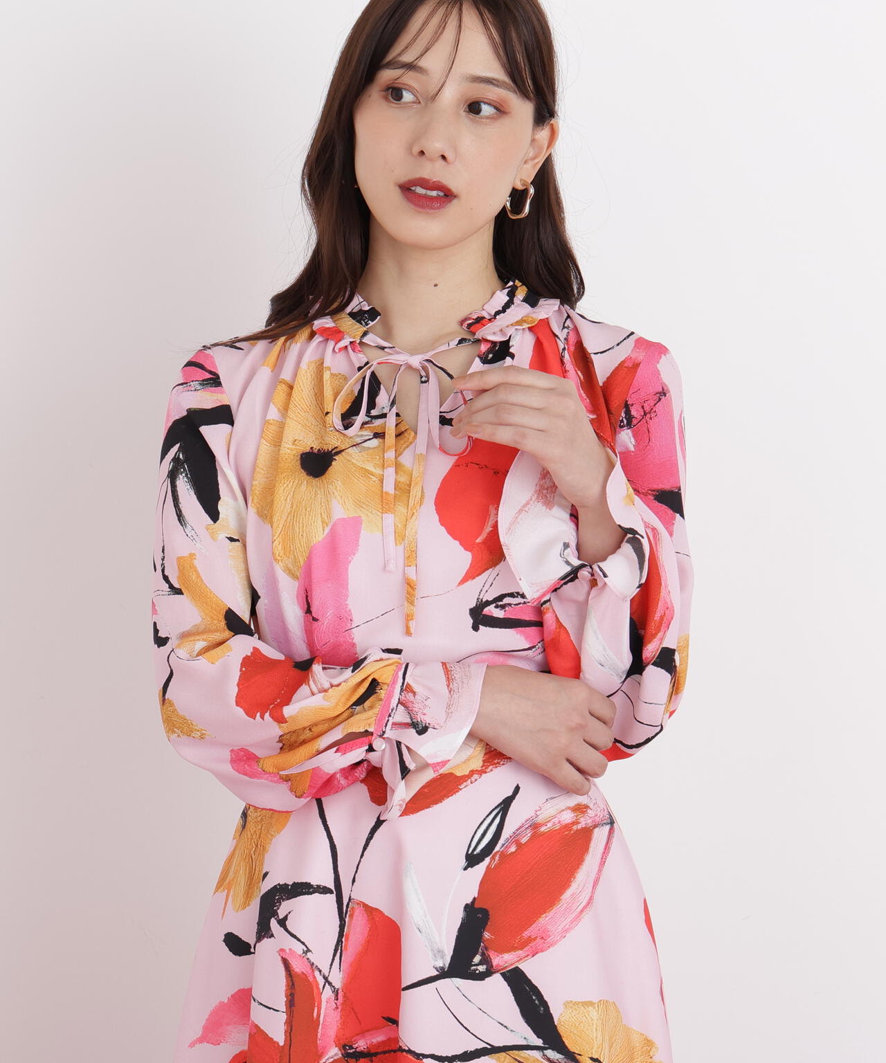 フラワープリントギャザーブラウス