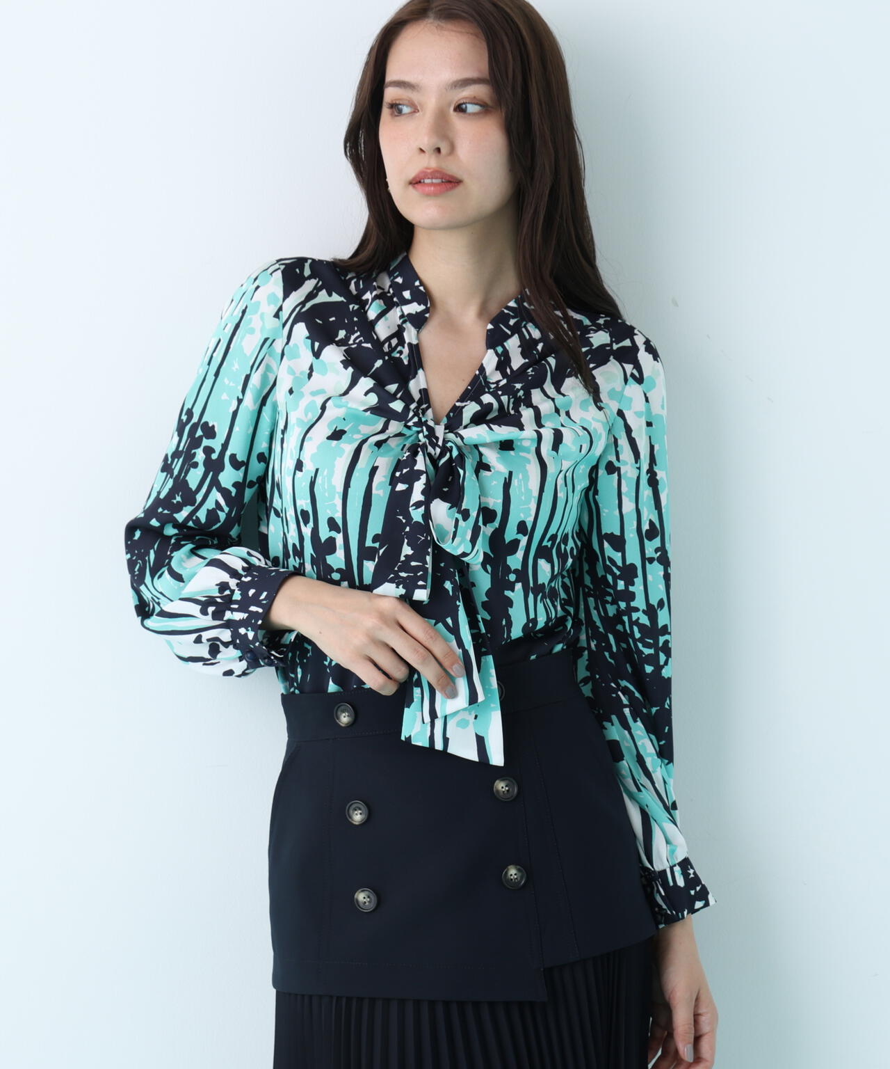 インクフォレストプリントリボンブラウス