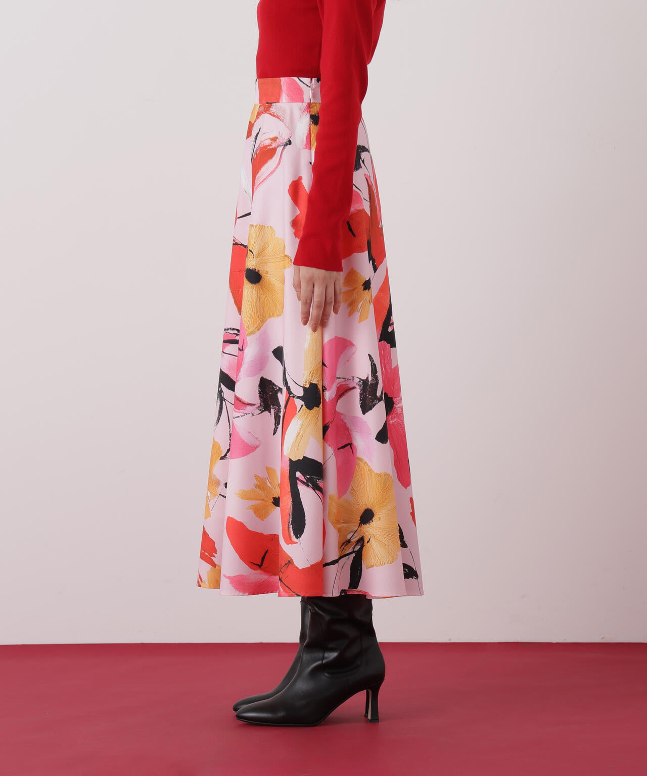 サーモンピンク 、フラワープリント フレアーロングスカート、新品 aljun-812s_00.jpg?basethum=225