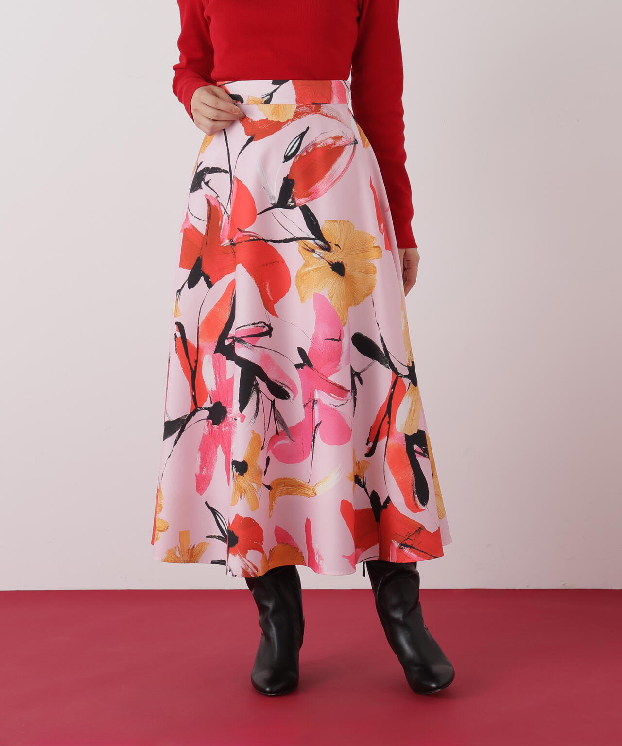 フラワープリントタフタフレアースカート