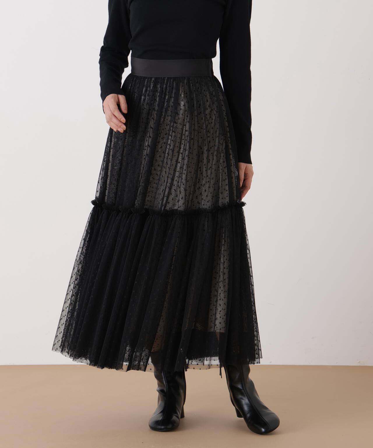 ドットチュールギャザーティアードスカート