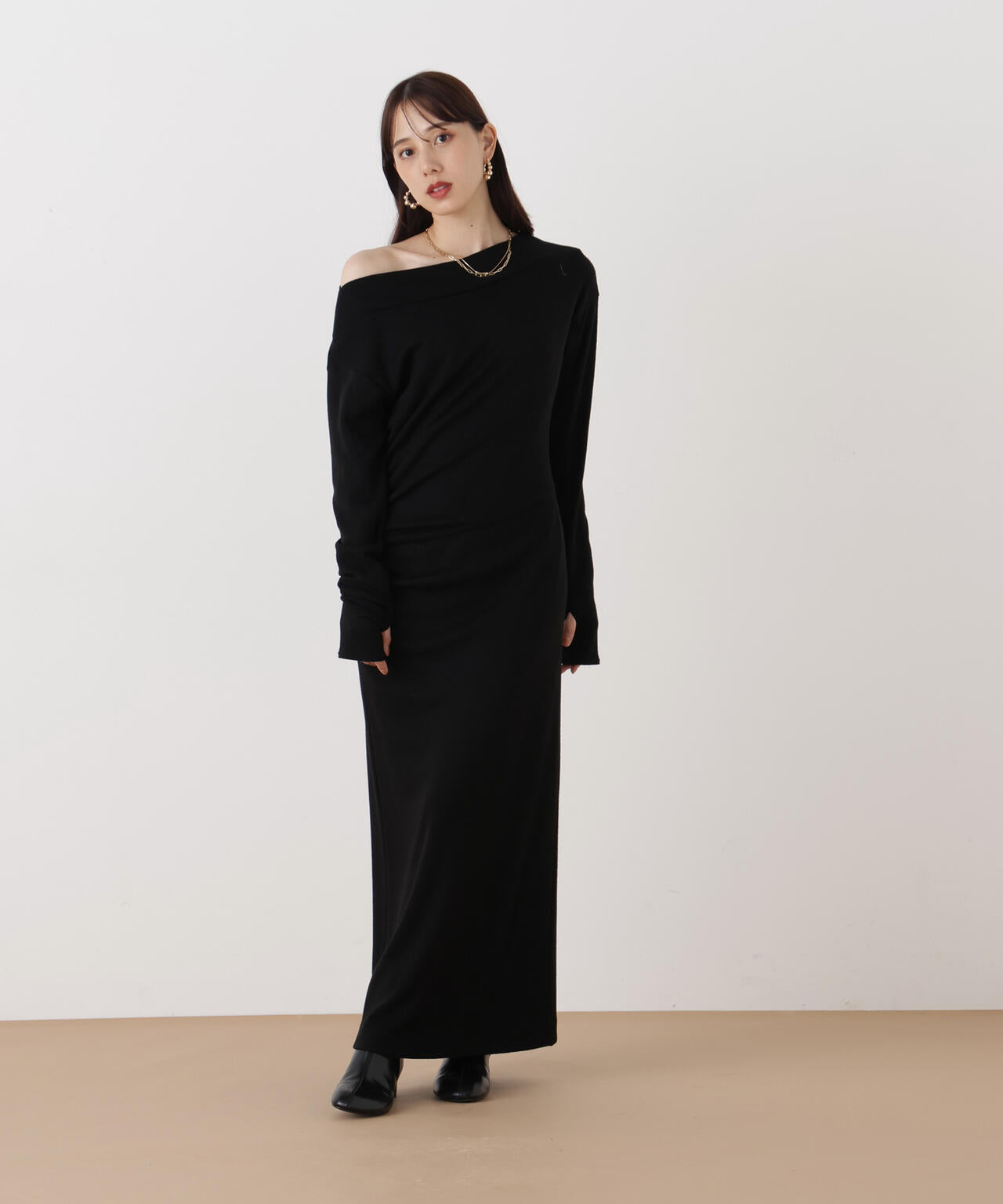 ウールジャージタックドレープロングワンピース