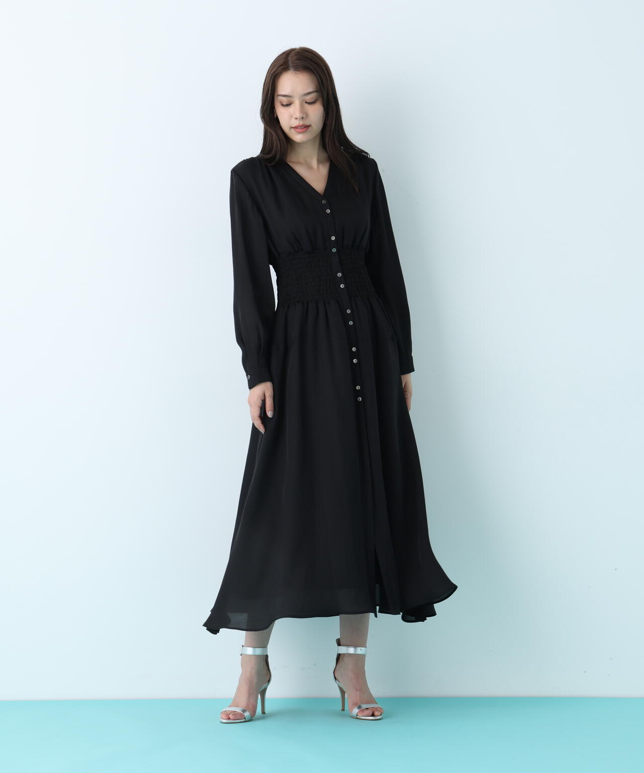 【美品】ピンキーアンドダイアン　スタンドカラー天竺ラップワンピース　ロング　38 ウエストシャーリングロングワンピース | PINKY&DIANNE（ピンキー