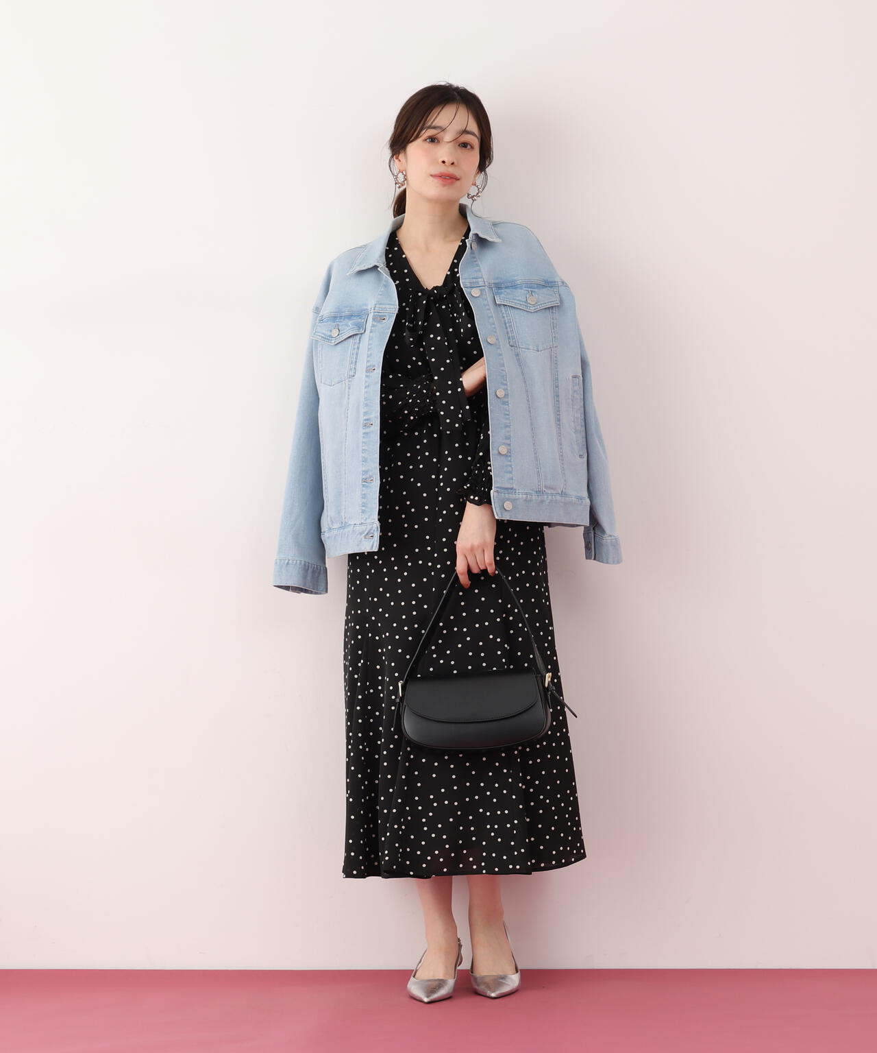 ドットプリントリボンワンピース