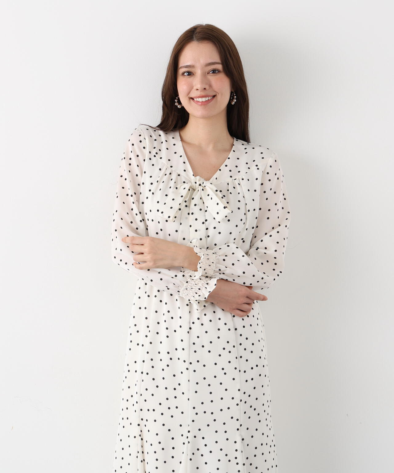 ドットプリントリボンワンピース