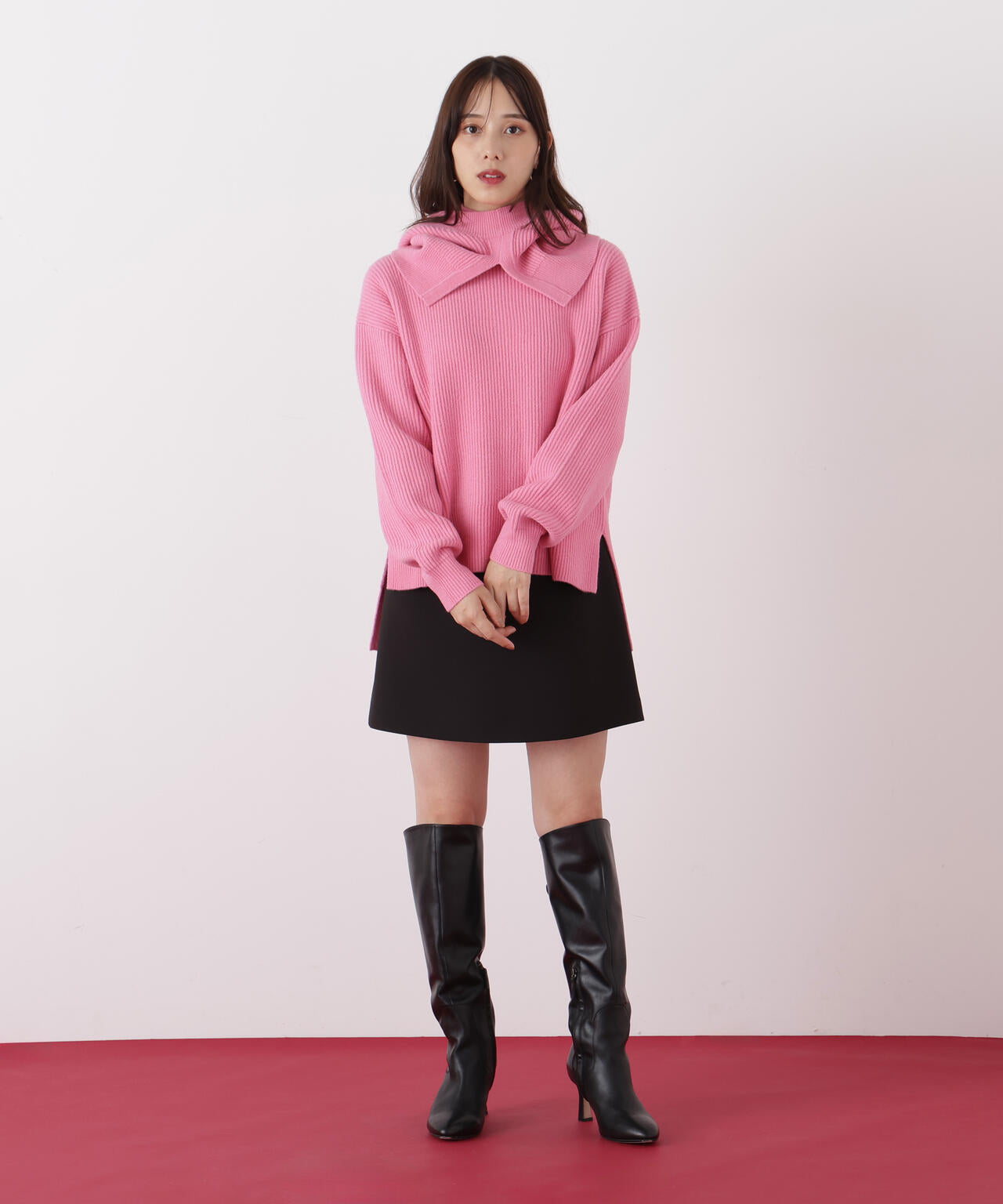 フードスヌード付きニットプルオーバー