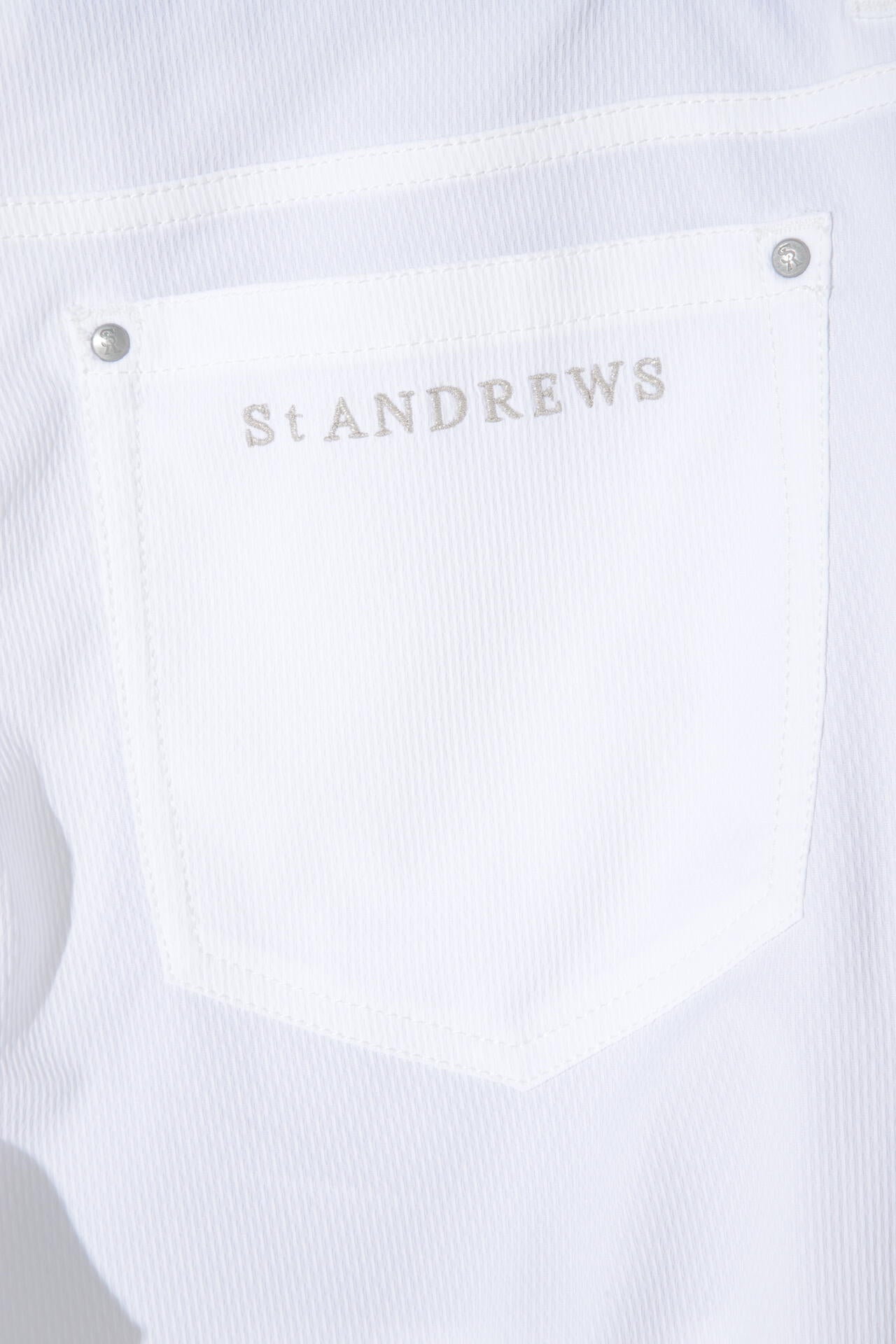 【St ANDREWS】春秋 ロゴ総柄 白 ストレッチパンツ M McMardワッフルストレッチ 5ポケットパンツ (MENS) | St ANDREWS