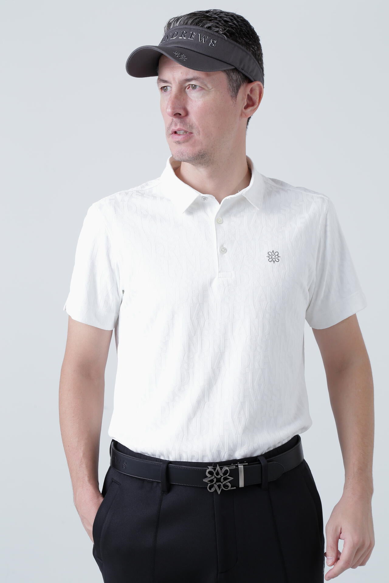 LL セントアンドリュー ロゴ総柄 ジャガード ストレッチ 長袖 ポロシャツ 白 LL セントアンドリュー ロゴ総柄 ジャガード ストレッチ 長袖