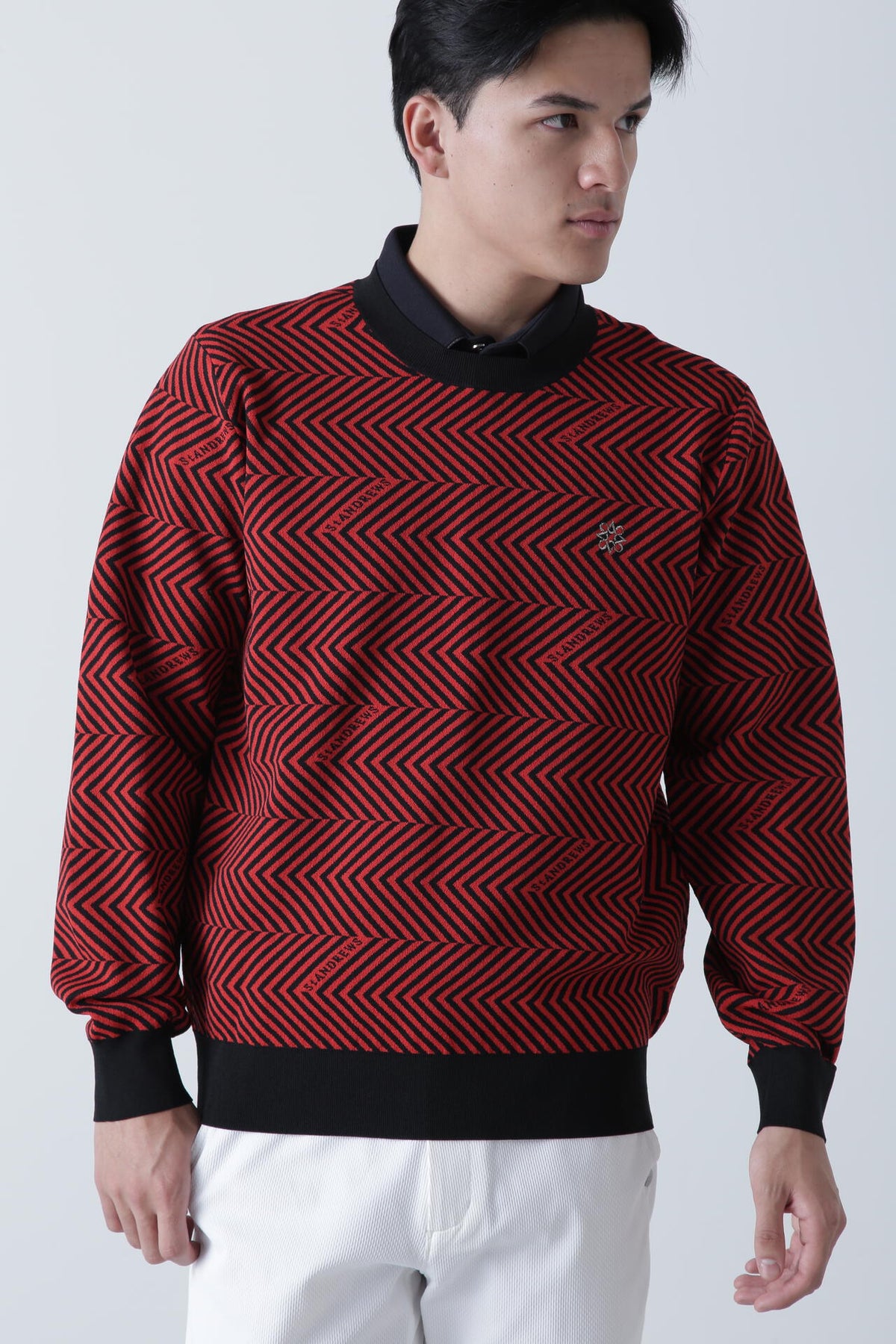 16Gジグザグ柄ダブルジャガード クルーネックニットプルオーバー (MENS)