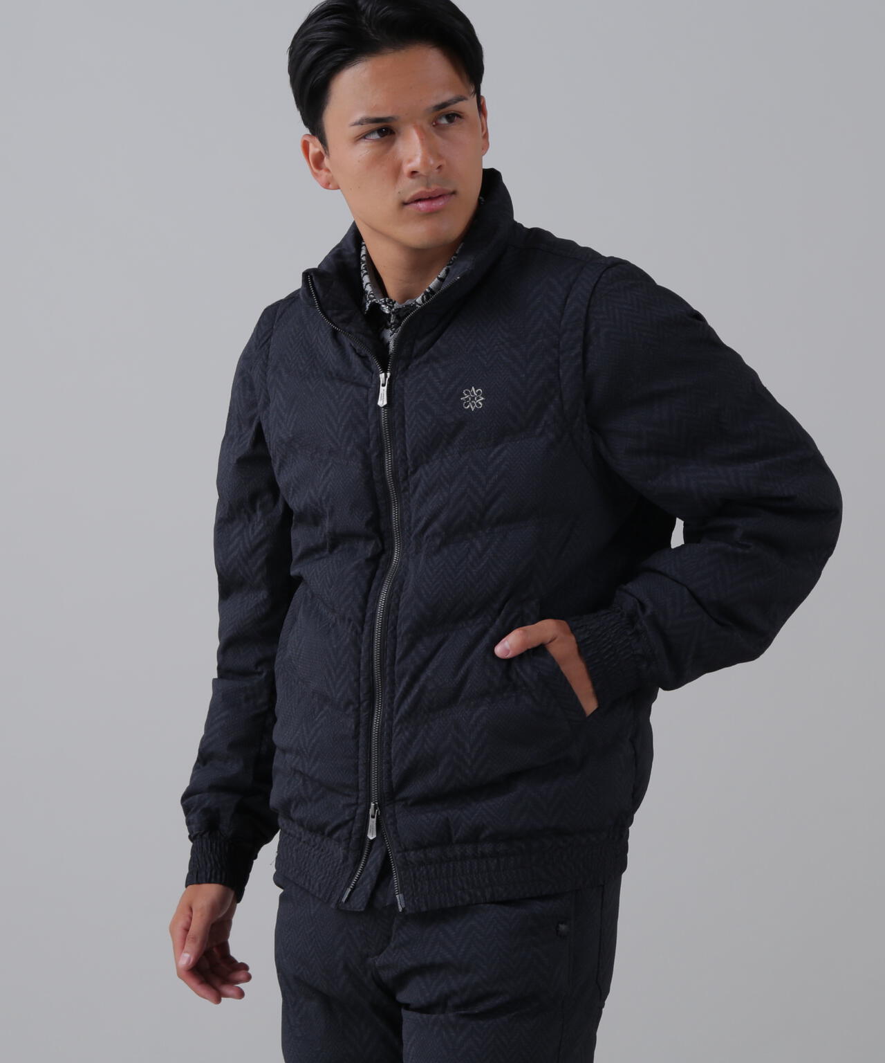 ヘリンボーンプリント中綿キルトブルゾン (MENS)