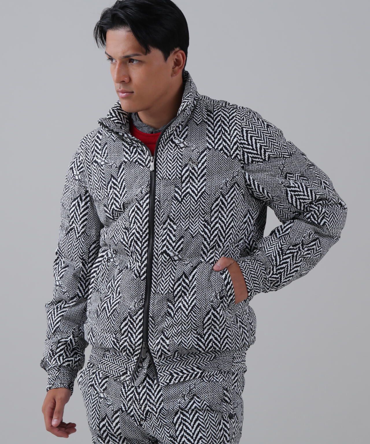 ヘリンボーンプリント中綿キルトブルゾン (MENS)