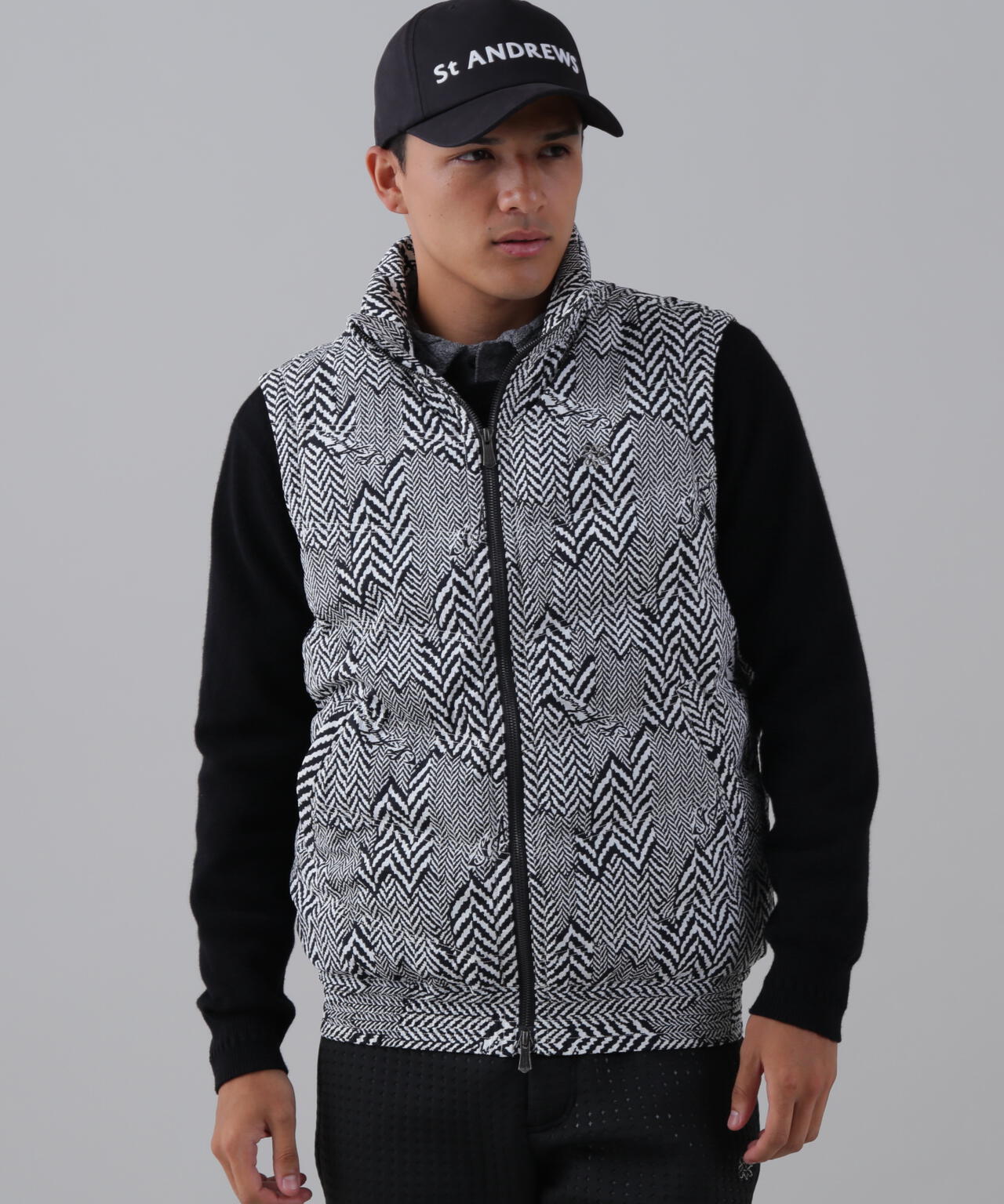 ヘリンボーンプリント中綿キルトブルゾン (MENS)