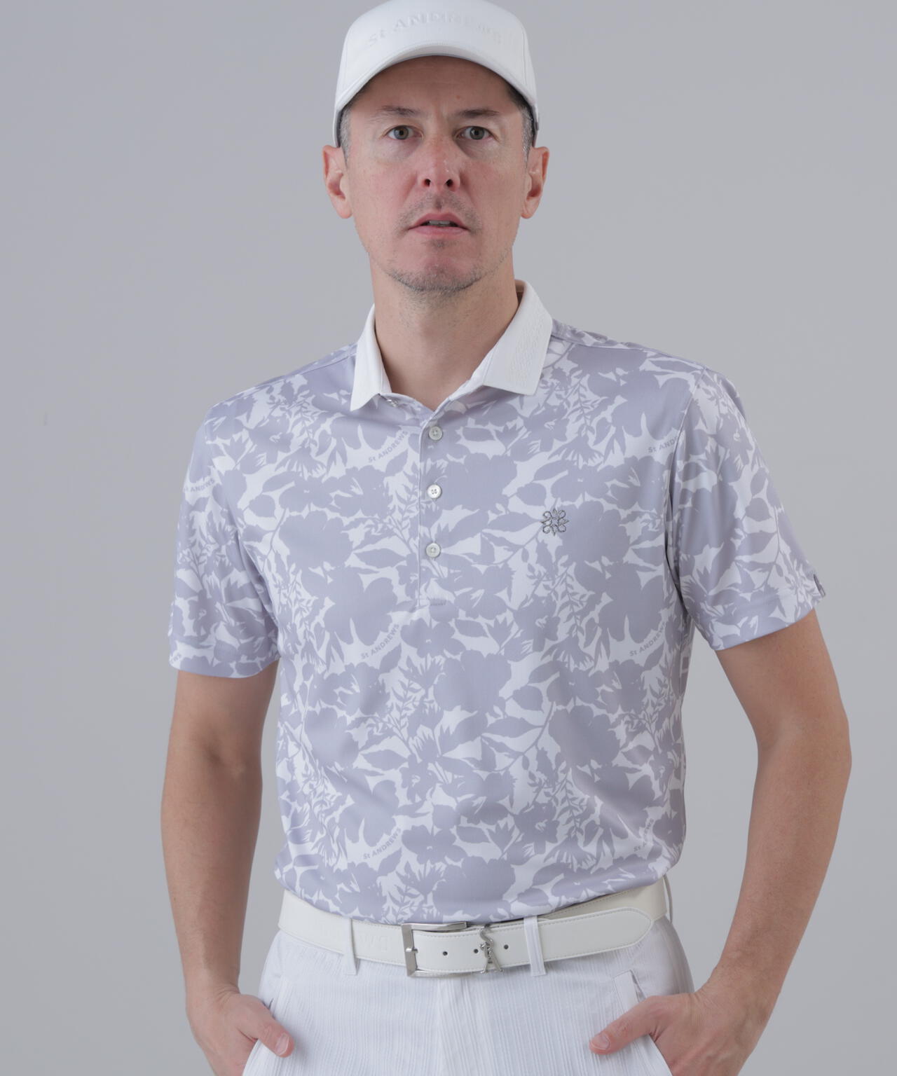 吸水速乾】COOLMAXシャドーボタニカルプリント半袖ポロシャツ (MENS