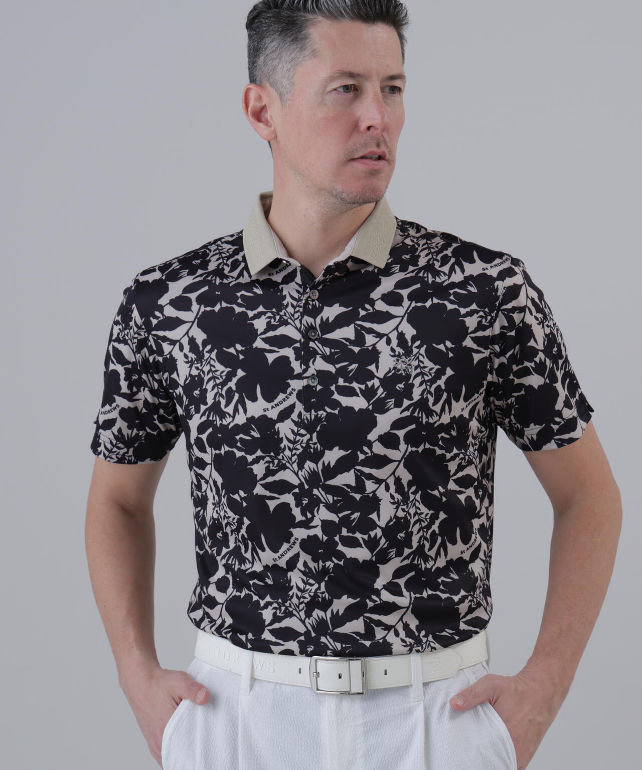 吸水速乾】COOLMAXシャドーボタニカルプリント半袖ポロシャツ (MENS
