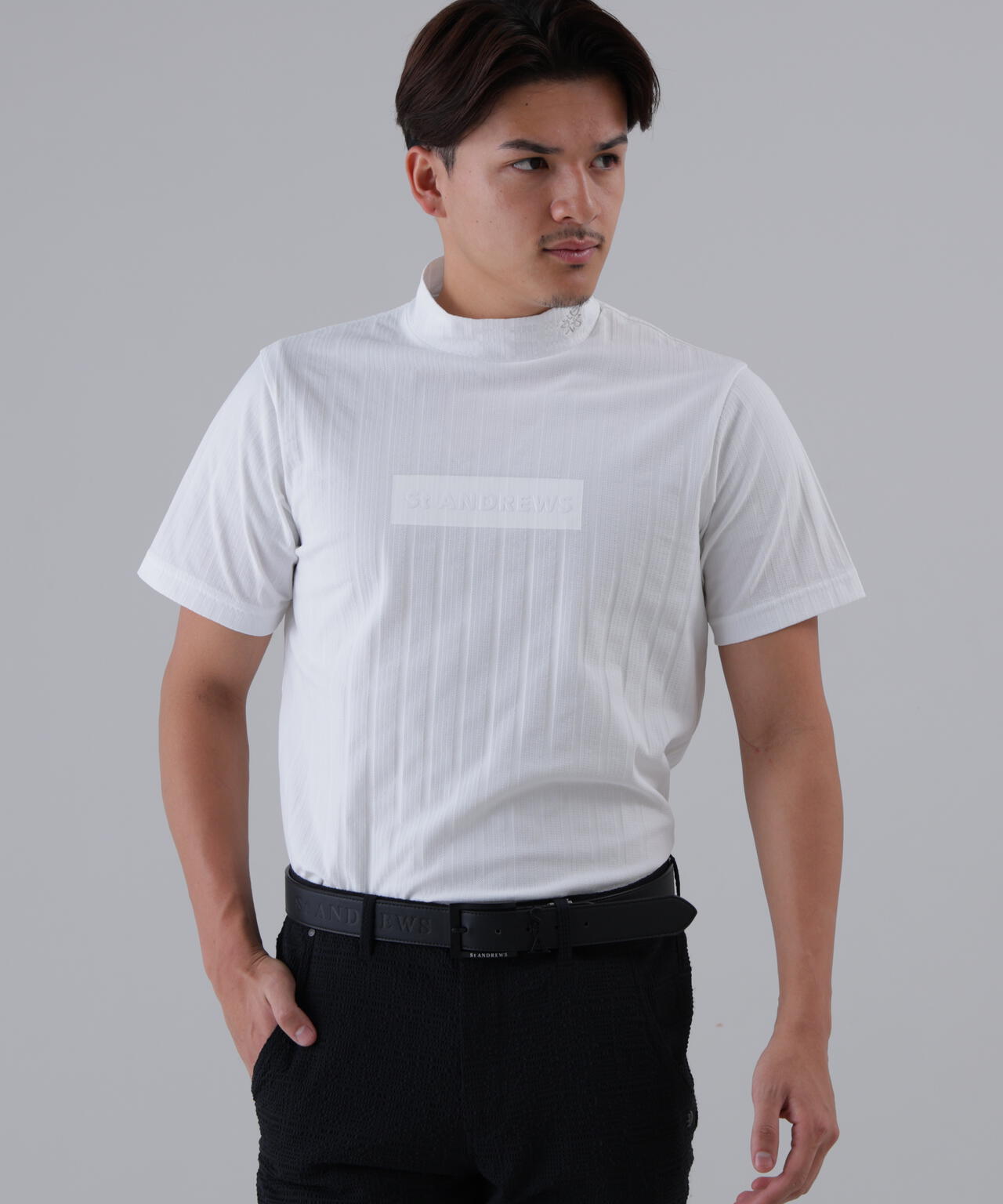 【吸水速乾】サッカーストライプ半袖ハイネックカットソー (MENS)