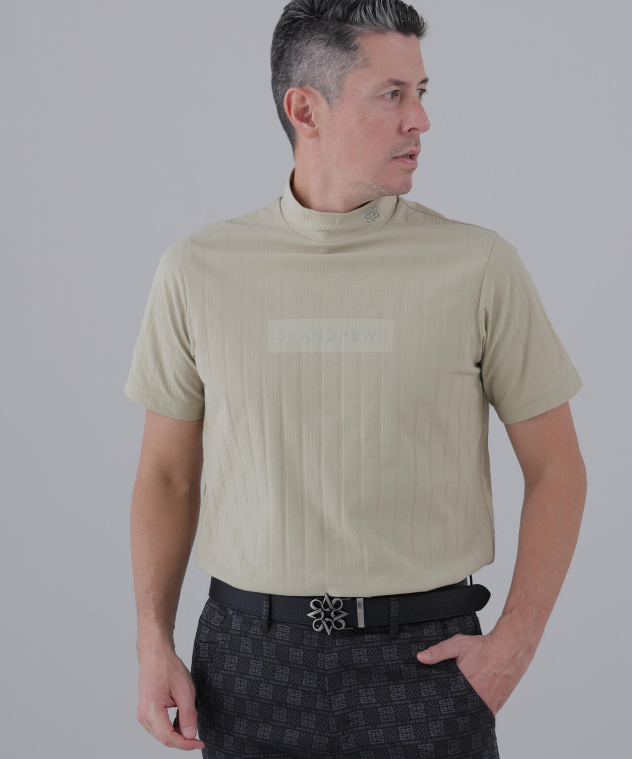 【吸水速乾】サッカーストライプ半袖ハイネックカットソー (MENS)