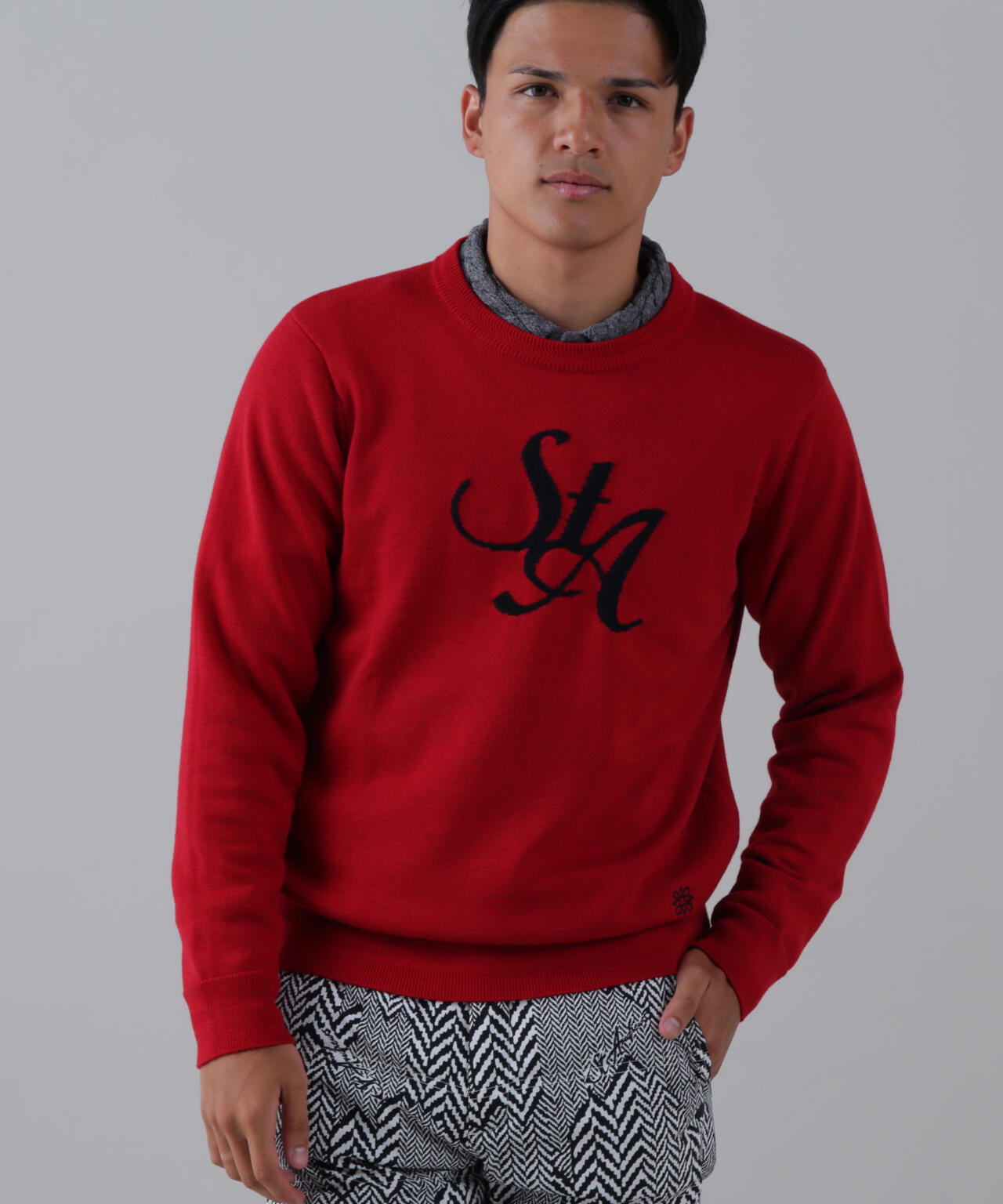 ST ANDREWS セントアンドリュース ケーブルニット セーター 赤 未使用 12GSTAインターシャクルーネックニットプルオーバー (MENS) | St