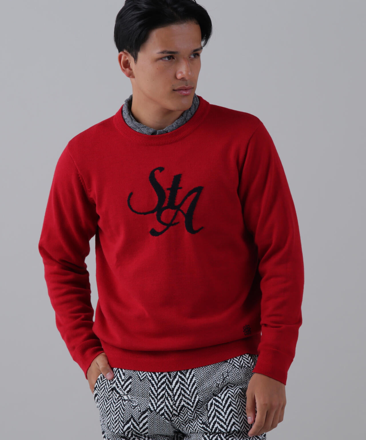 12GSTAインターシャクルーネックニットプルオーバー (MENS)