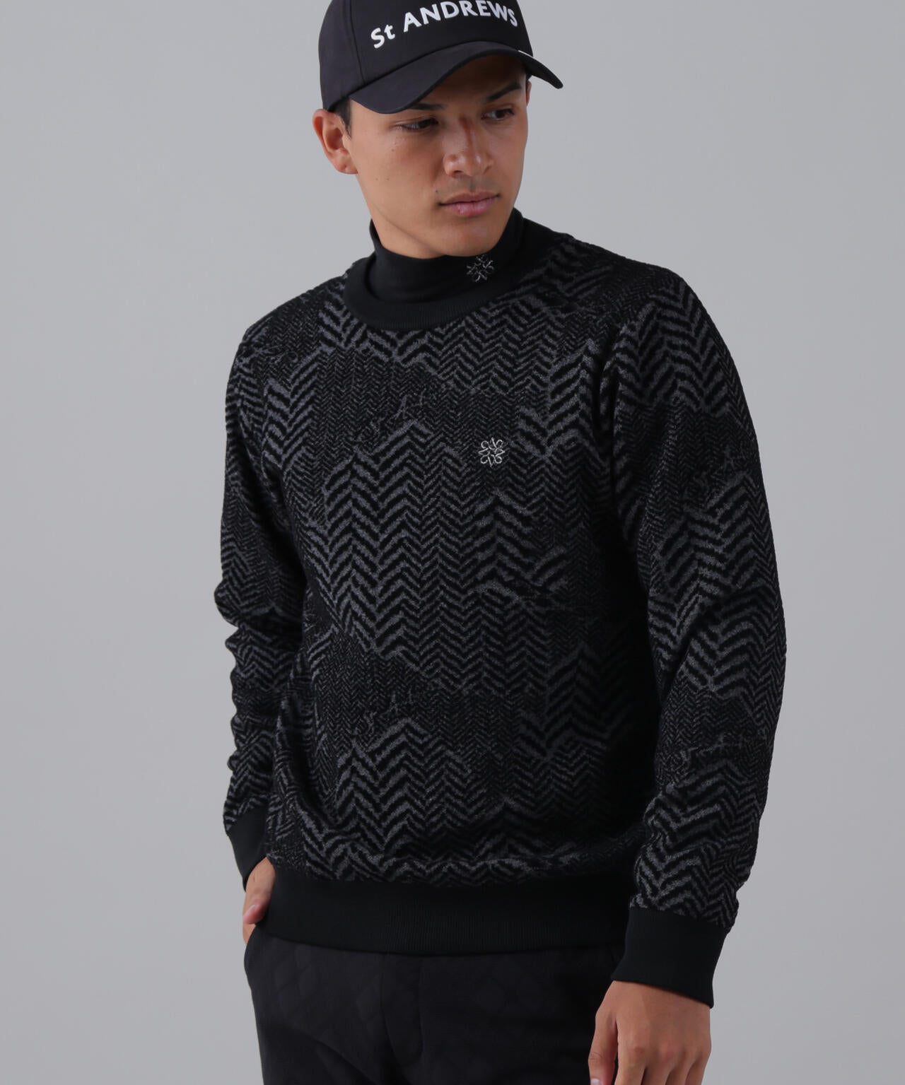 12Gヘリンボーンジャガード裏地付きクルーネックニットプルオーバー (MENS)
