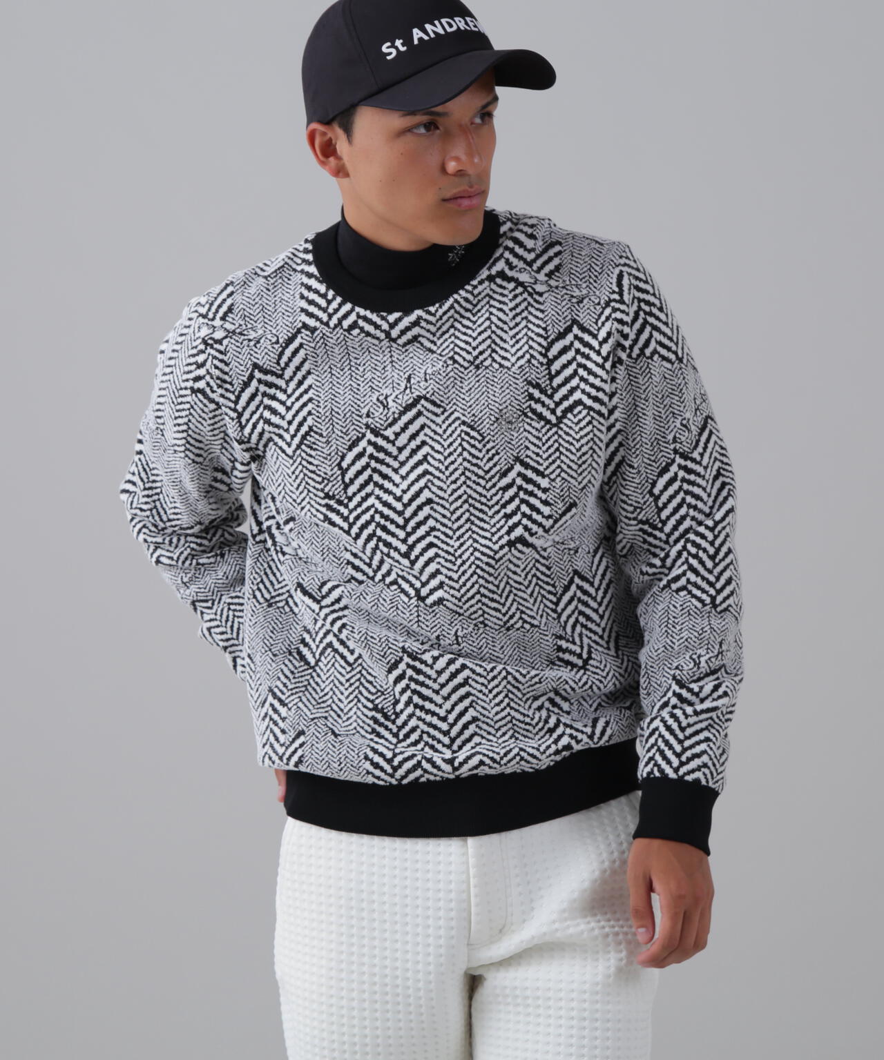 12Gヘリンボーンジャガード裏地付きクルーネックニットプルオーバー