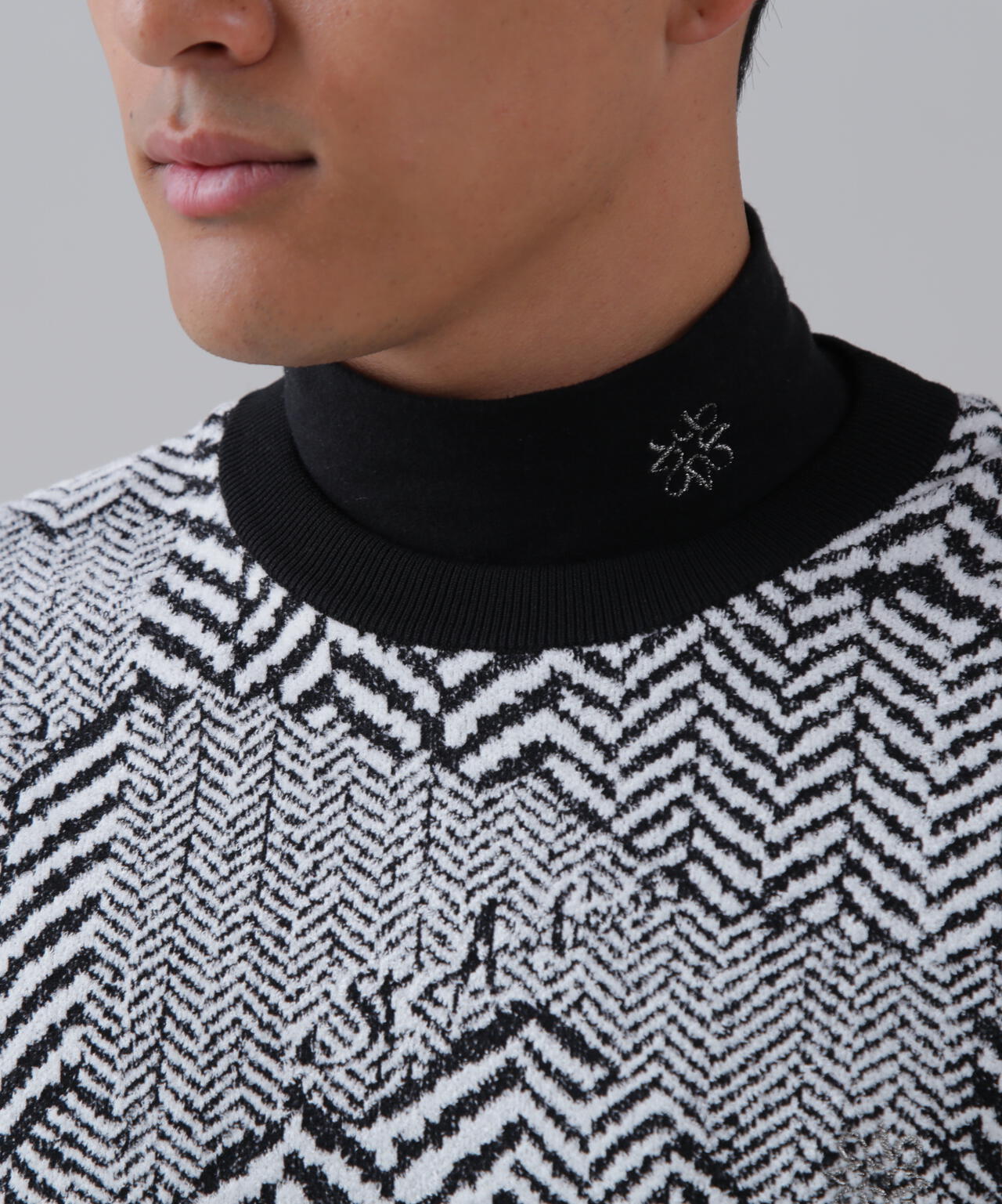 12Gヘリンボーンジャガード裏地付きクルーネックニットプルオーバー