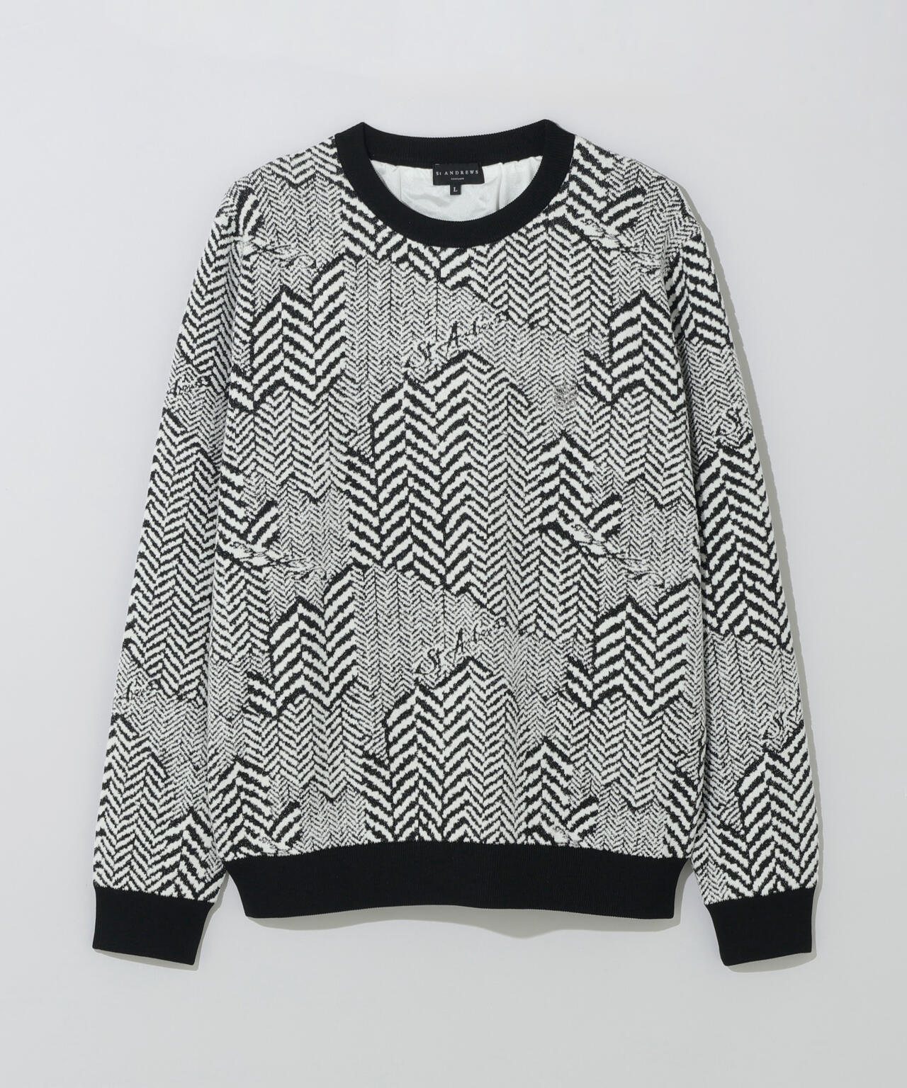 12Gヘリンボーンジャガード裏地付きクルーネックニットプルオーバー