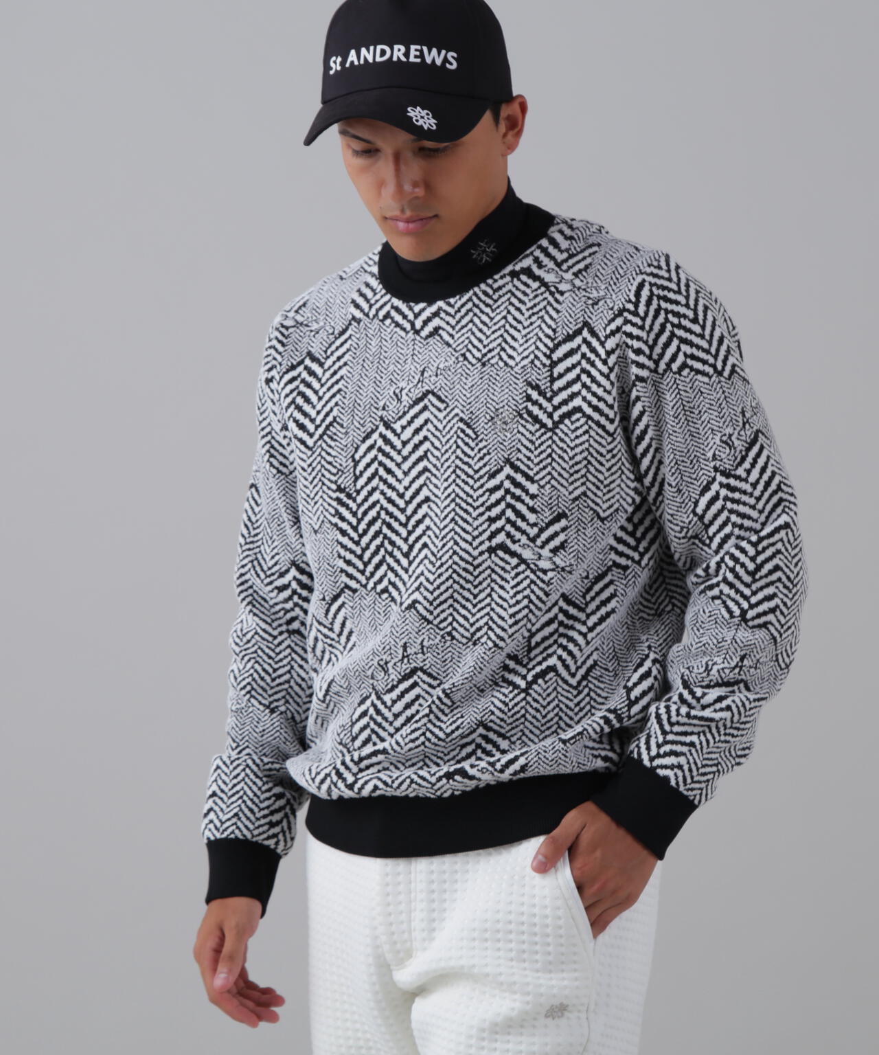 12Gヘリンボーンジャガード裏地付きクルーネックニットプルオーバー (MENS)