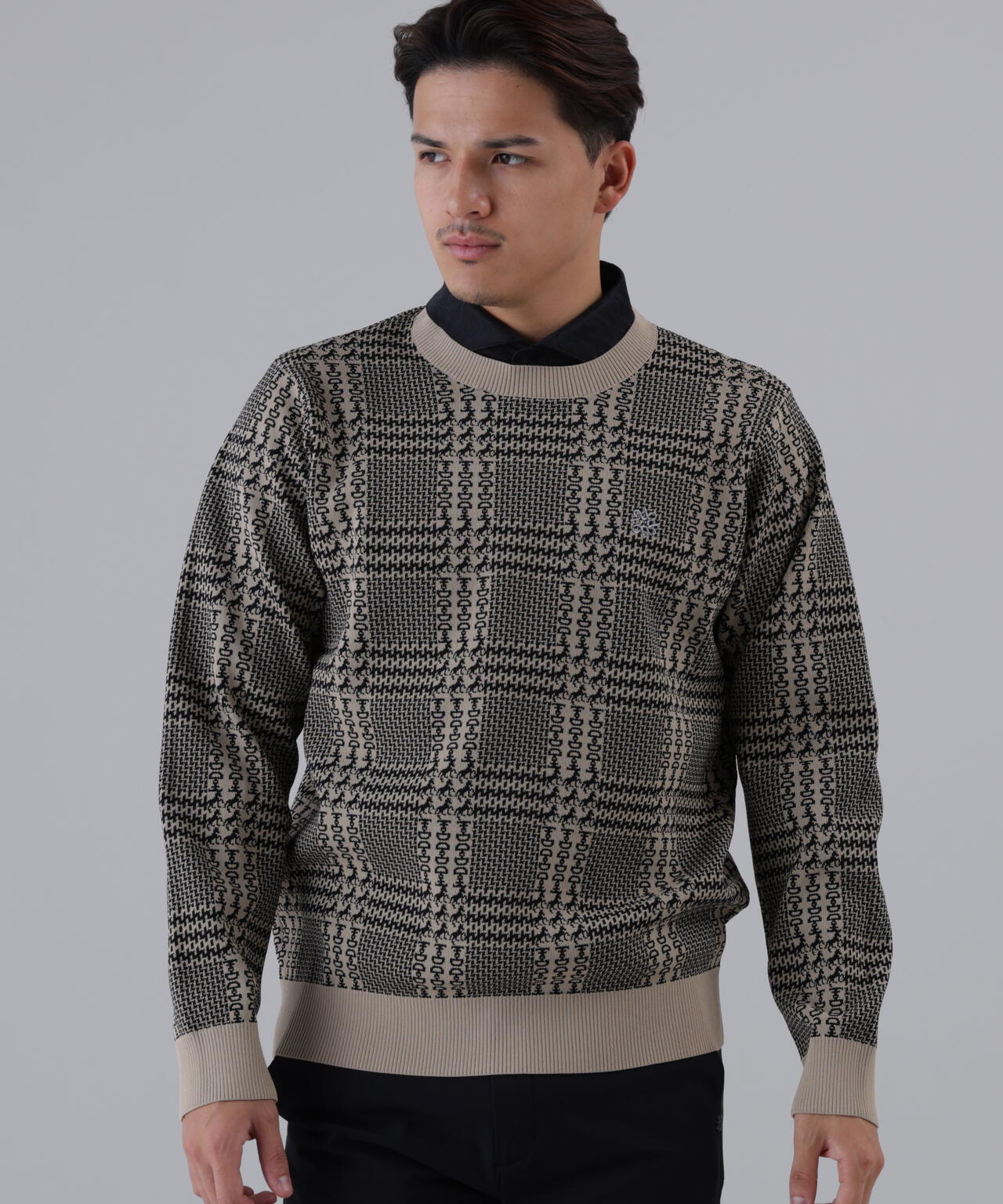 極美品！ST ANDREWS！黒チェックニット！セーター！L！ロゴ入り オンライン限定SALE】14Gホースビットチェックジャガードプルオーバー