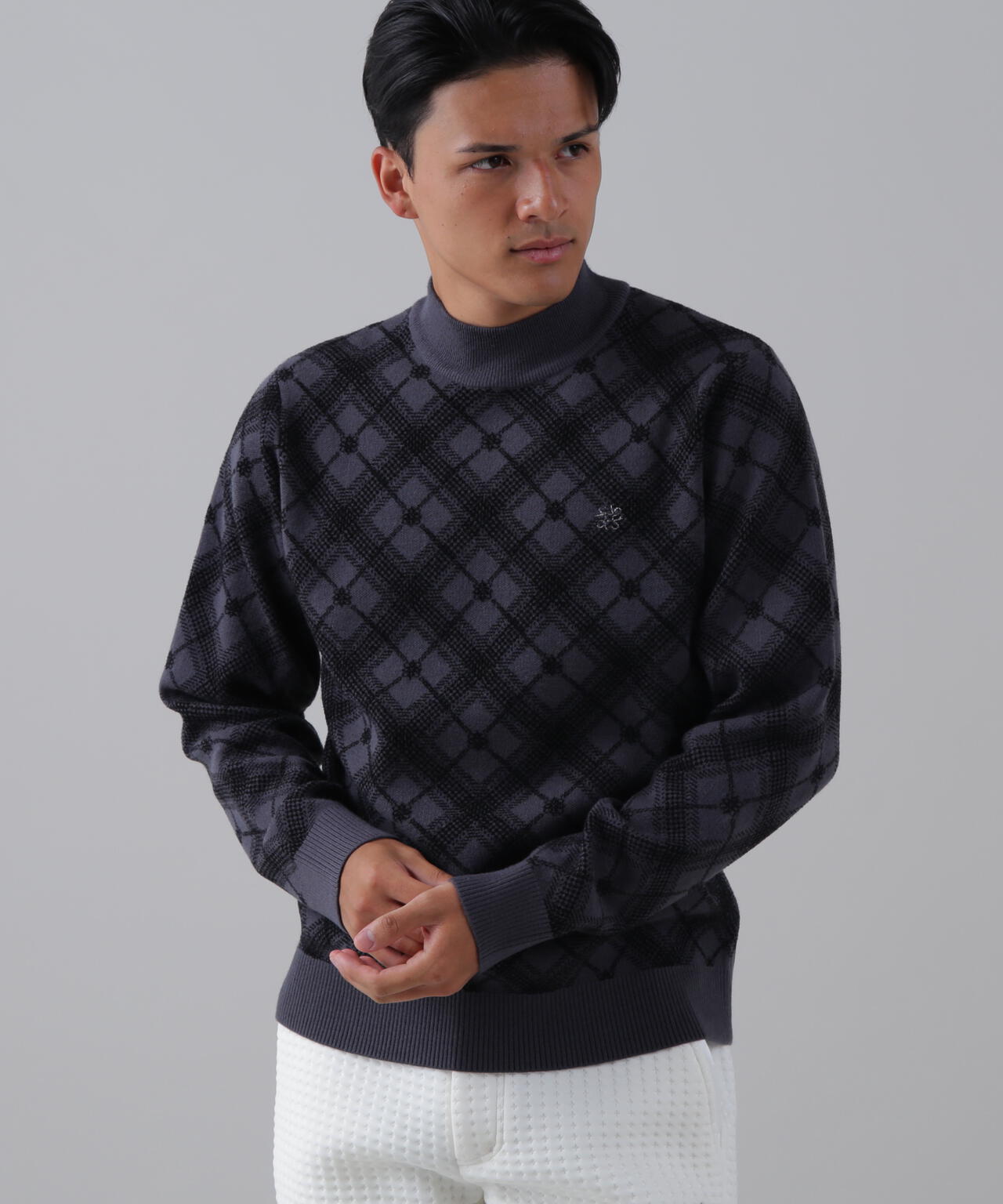 12Gケルトバイヤスチェックジャガードモックネックニットプルオーバー