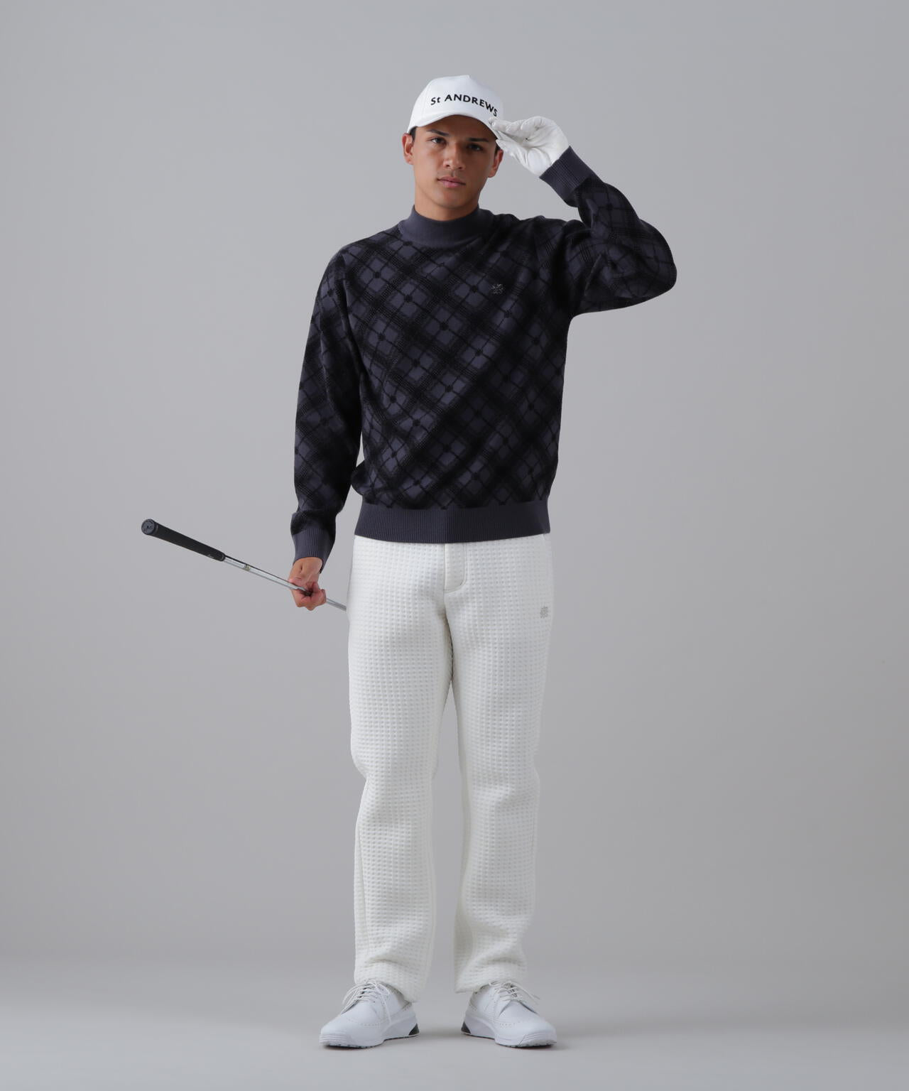 12Gケルトバイヤスチェックジャガードモックネックニットプルオーバー