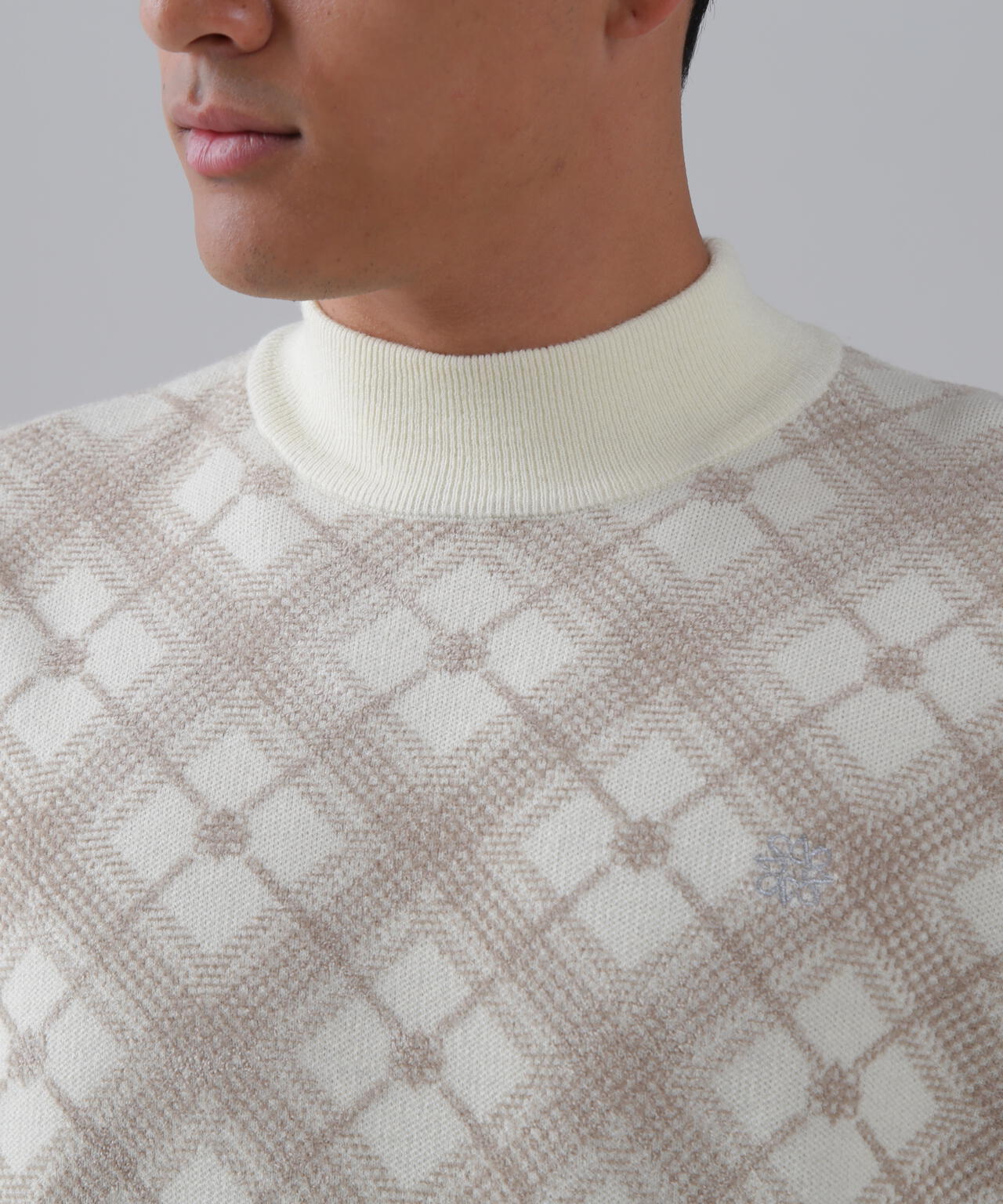 12Gケルトバイヤスチェックジャガードモックネックニットプルオーバー (MENS)