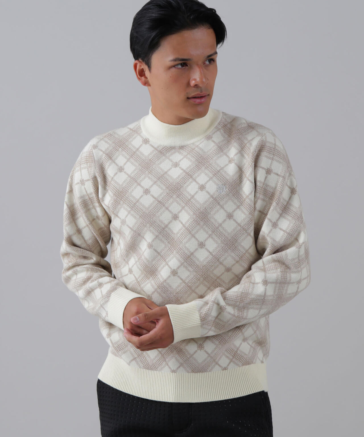 12Gケルトバイヤスチェックジャガードモックネックニットプルオーバー (MENS)