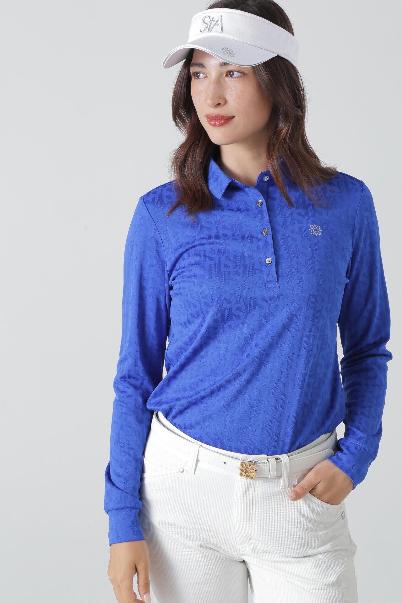 St ANDREWS ポロシャツ ブルー サイズL STロゴジャガード 長袖ポロシャツ (WOMENS) | ST ANDREWS（セント