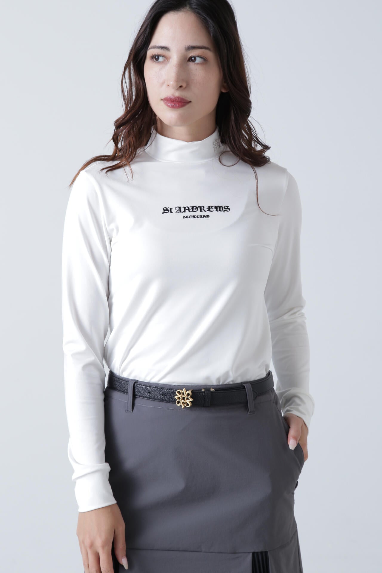 カチオンポリエステルベア天長袖ハイネックカットソー (WOMENS)
