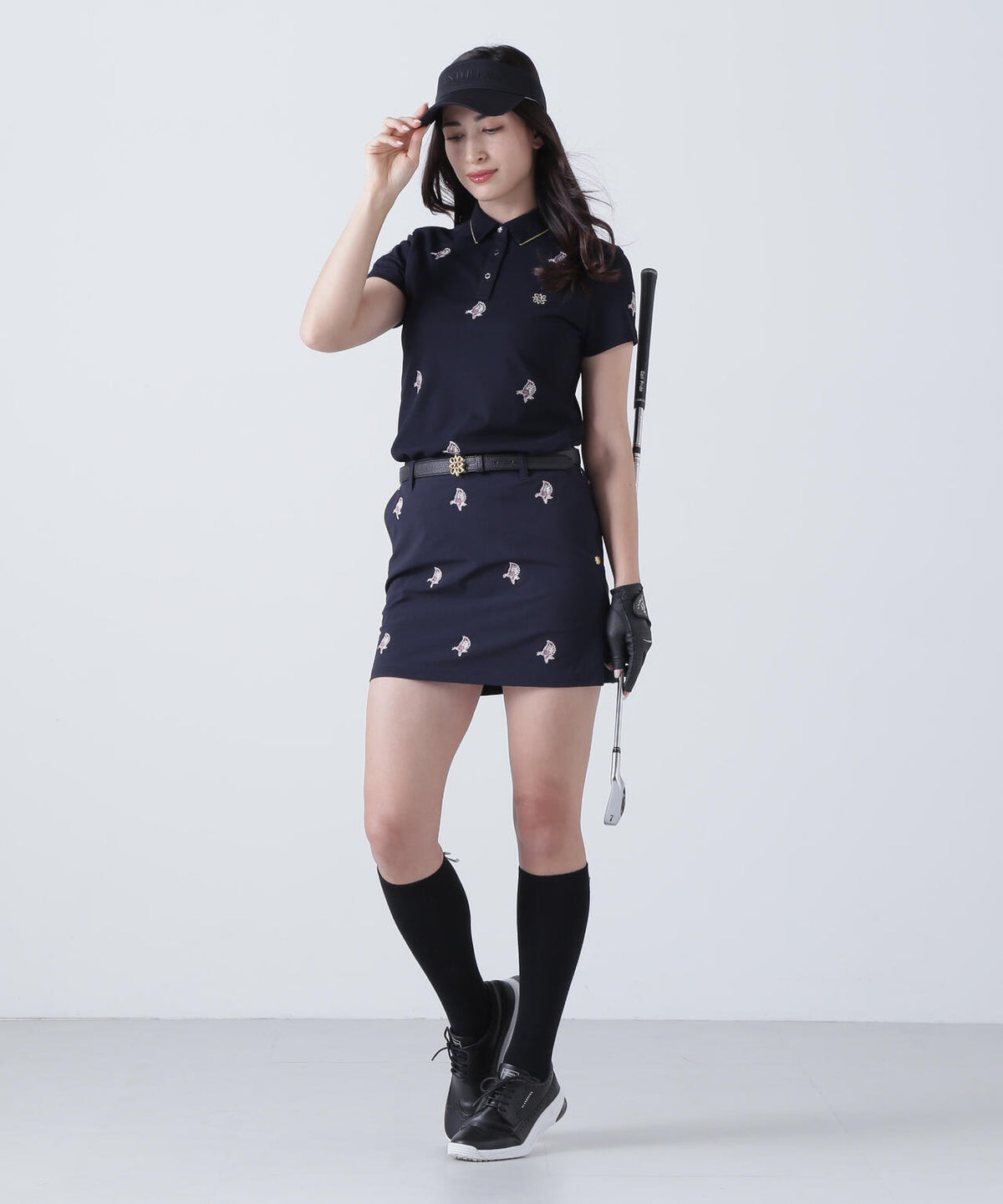 ポリエステル強撚鹿の子リーフ柄刺繍半袖シャツ (WOMENS)