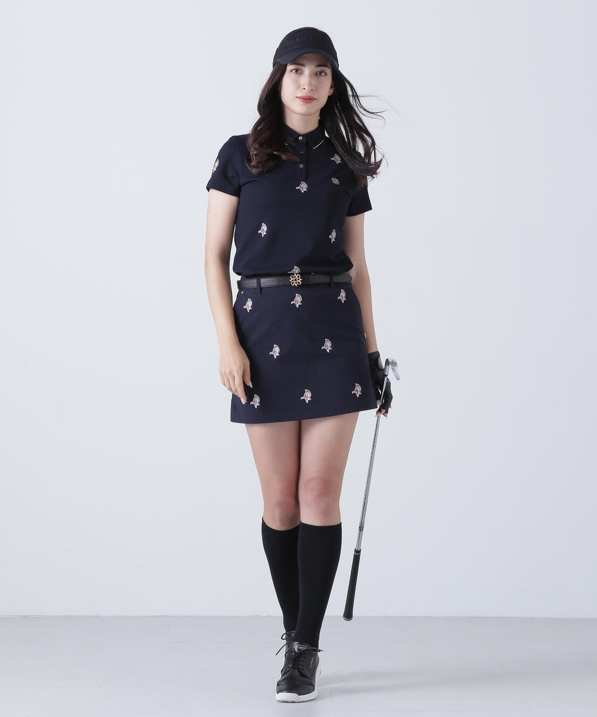 ポリエステル強撚鹿の子リーフ柄刺繍半袖シャツ (WOMENS)