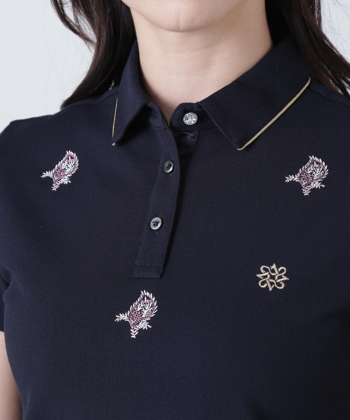 ポリエステル強撚鹿の子リーフ柄刺繍半袖シャツ (WOMENS)