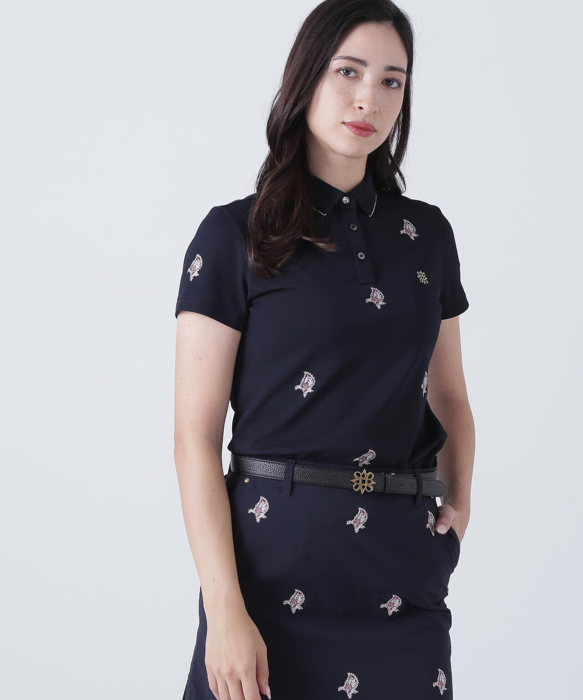 ポリエステル強撚鹿の子リーフ柄刺繍半袖シャツ (WOMENS)