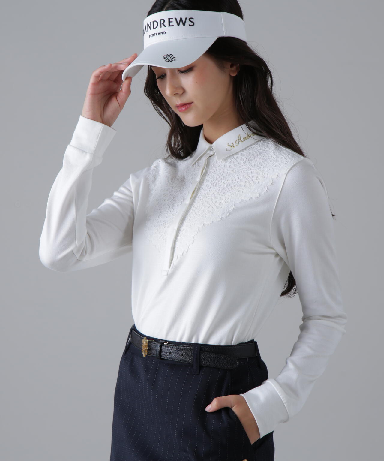 ゴルフ レディース セントアンドリュース シャツ トップス 長袖 （ホワイト） リファインジャージ×レース長袖シャツ (WOMENS) | St ANDREWS（セント