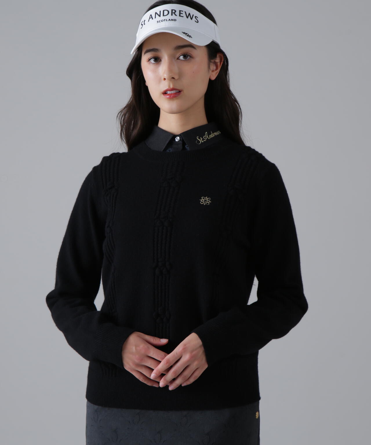 9Gアイレットリブ花柄クルーネックニットプルオーバー (WOMENS)