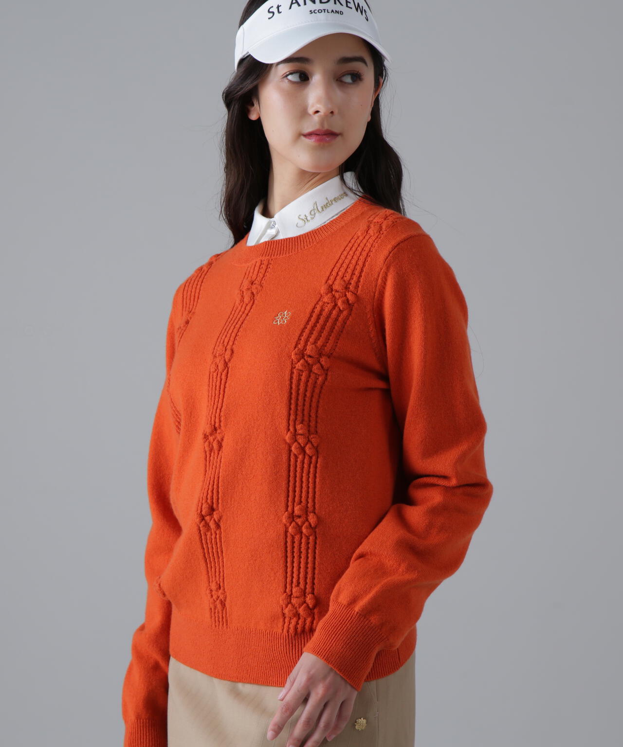 9Gアイレットリブ花柄クルーネックニットプルオーバー (WOMENS)