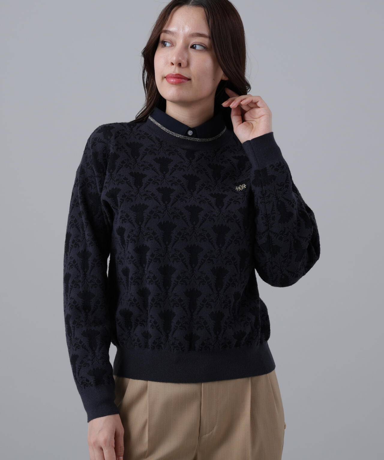 14Gアザミダマスクジャガードクルーネックニットプルオーバー (WOMENS)