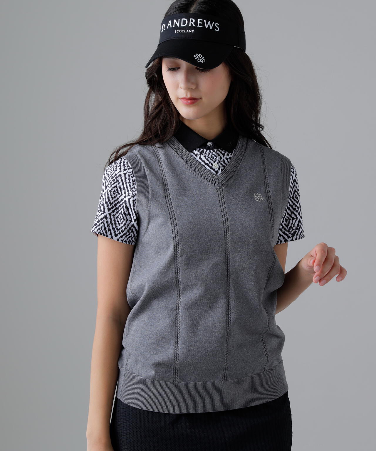 14G天竺×ケーブル Vネックニットベスト (WOMENS)