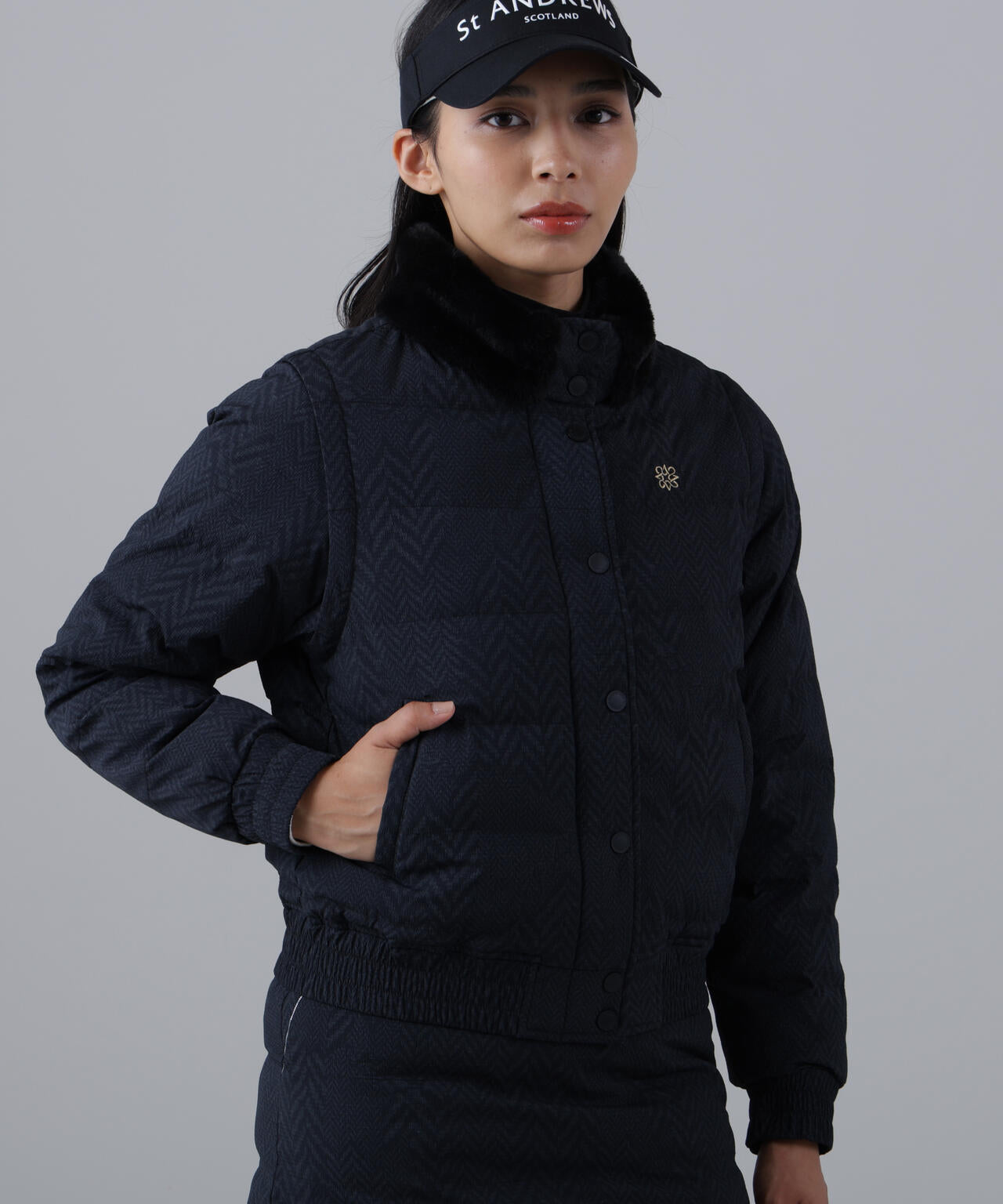 ヘリンボーンプリント中綿キルトブルゾン (WOMENS)