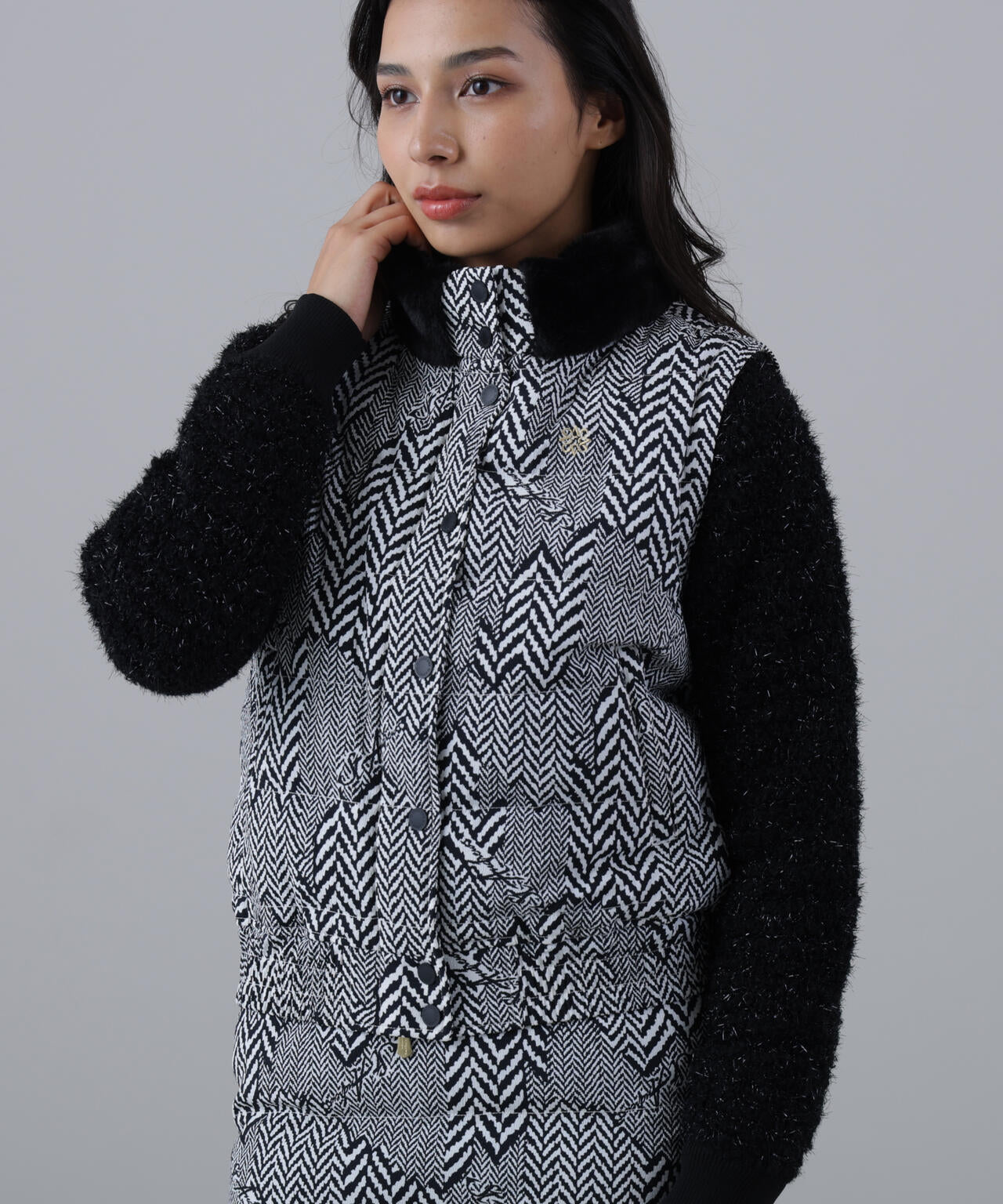 ヘリンボーンプリント中綿キルトブルゾン (WOMENS)