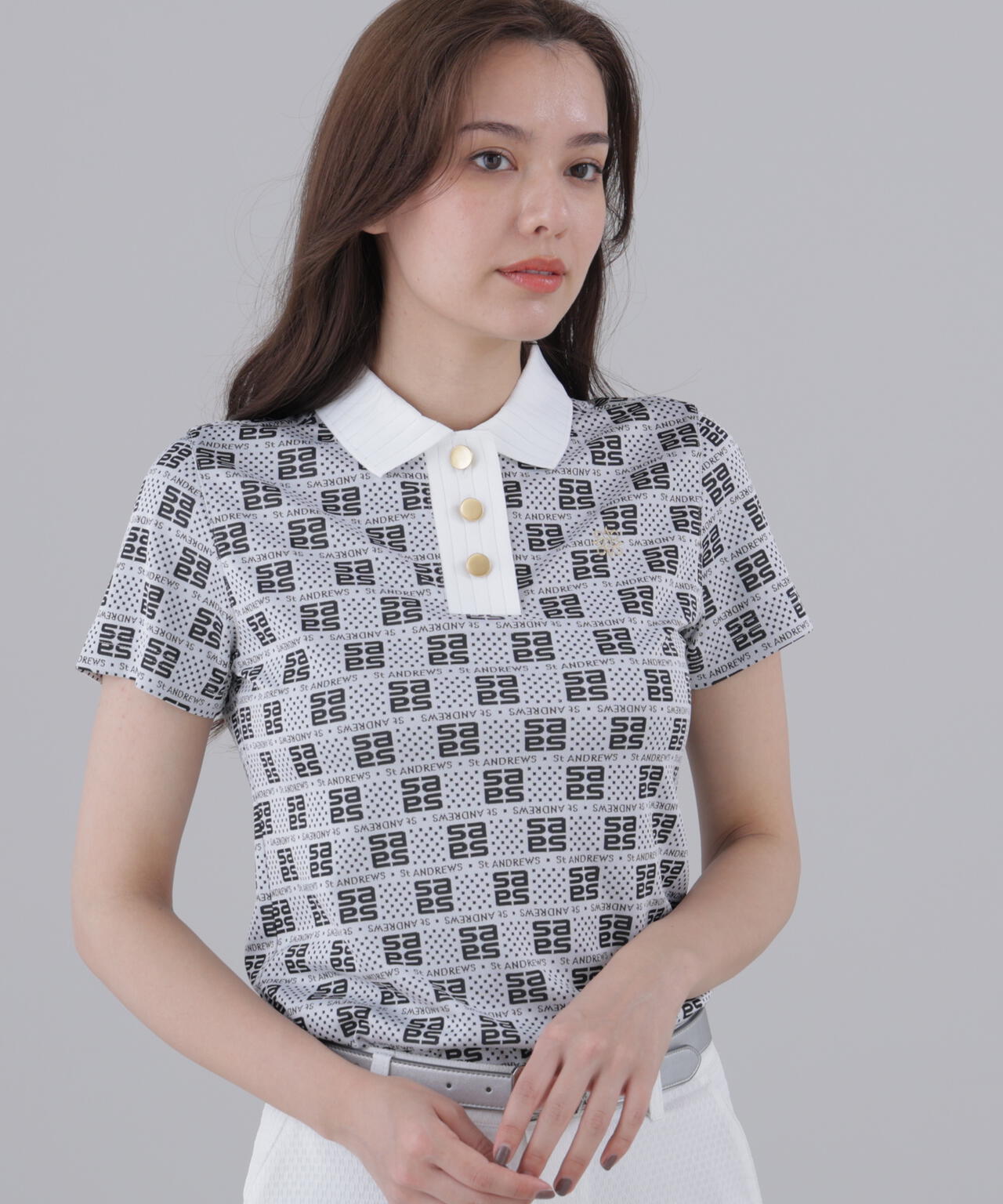 【美品】アンパスィ　半袖　ポロシャツ　サングラス　総柄 吸水速乾】SAモノグラムジャガード半袖ポロシャツ (WOMENS) | St