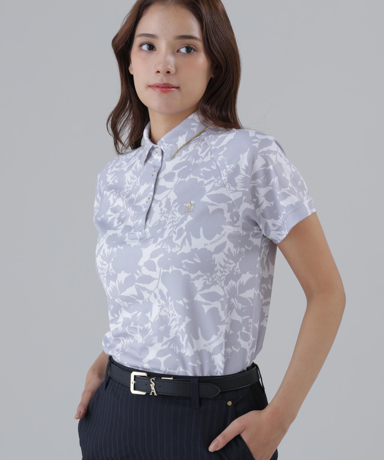 吸水速乾】COOLMAXシャドーボタニカルプリント半袖ポロシャツ (WOMENS