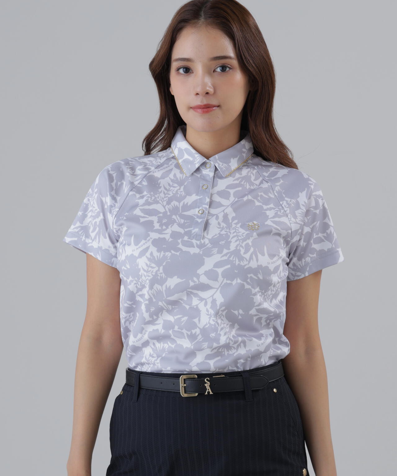 吸水速乾】COOLMAXシャドーボタニカルプリント半袖ポロシャツ (WOMENS