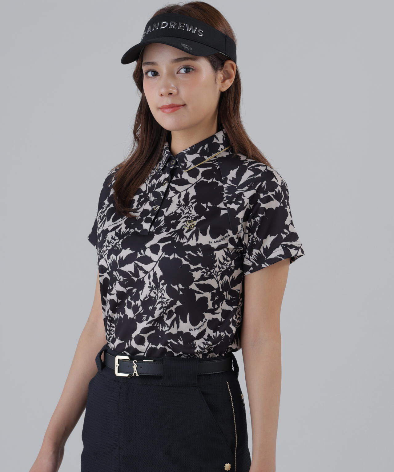 吸水速乾】COOLMAXシャドーボタニカルプリント半袖ポロシャツ (WOMENS