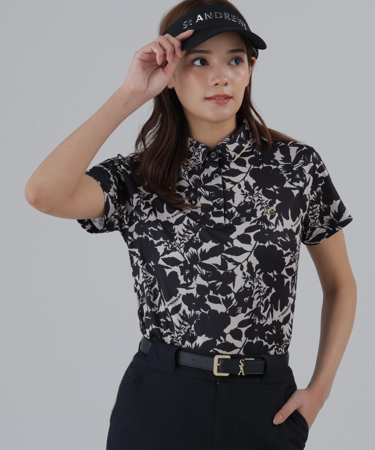 吸水速乾】COOLMAXシャドーボタニカルプリント半袖ポロシャツ (WOMENS